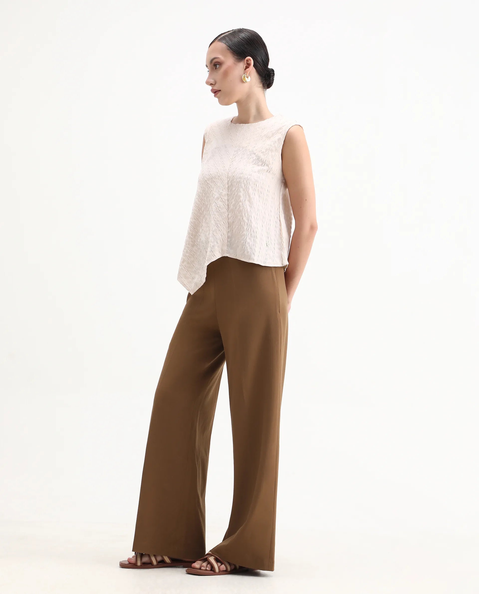 Rareism Women's Wido Light Brown Polyester Blend Wide Leg Plain Travel Trouser