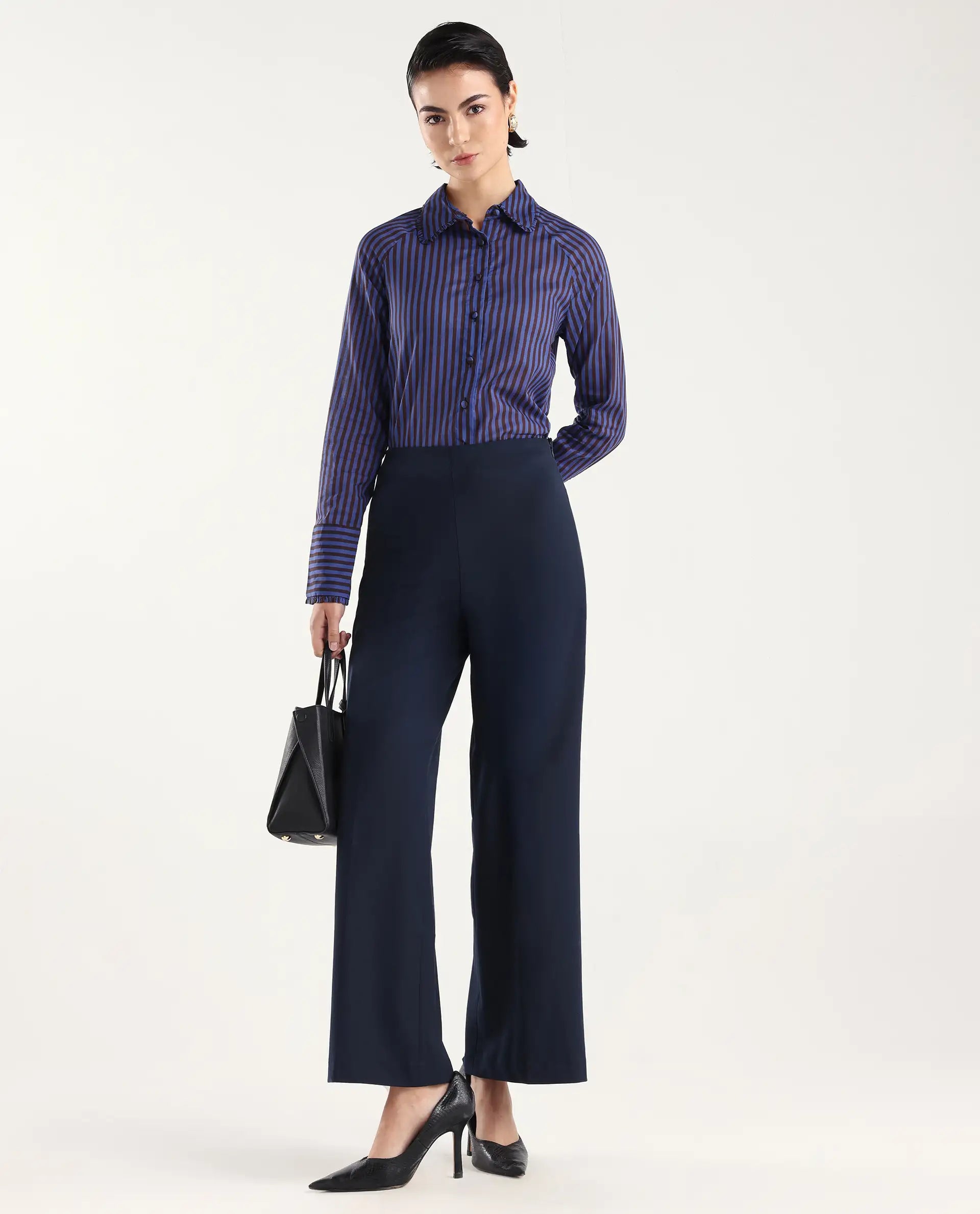 Rareism Women Wido Navy Polyester Blend Button Wide Leg Fit Plain Travel Trouser