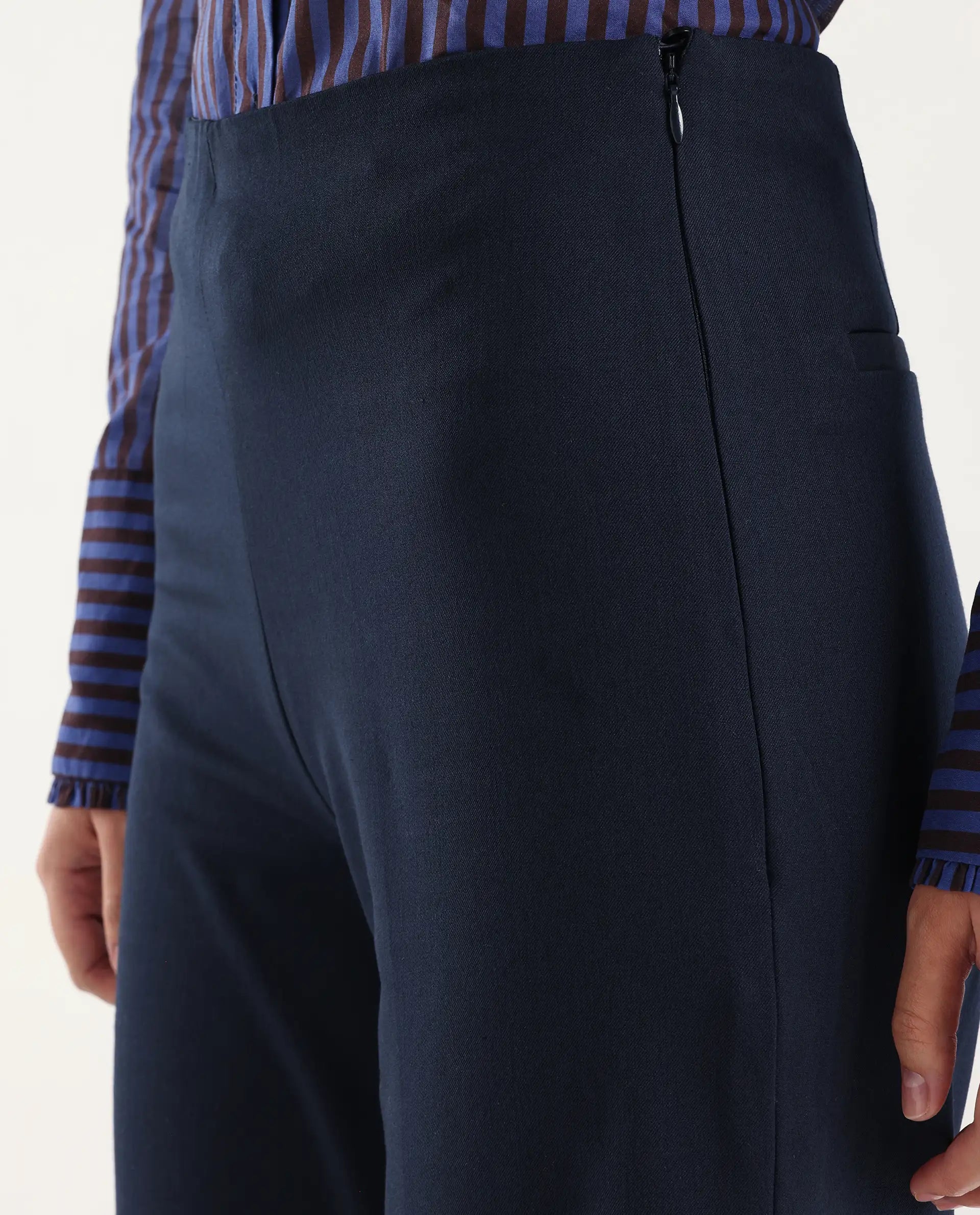 Rareism Women Wido Navy Polyester Blend Button Wide Leg Fit Plain Travel Trouser