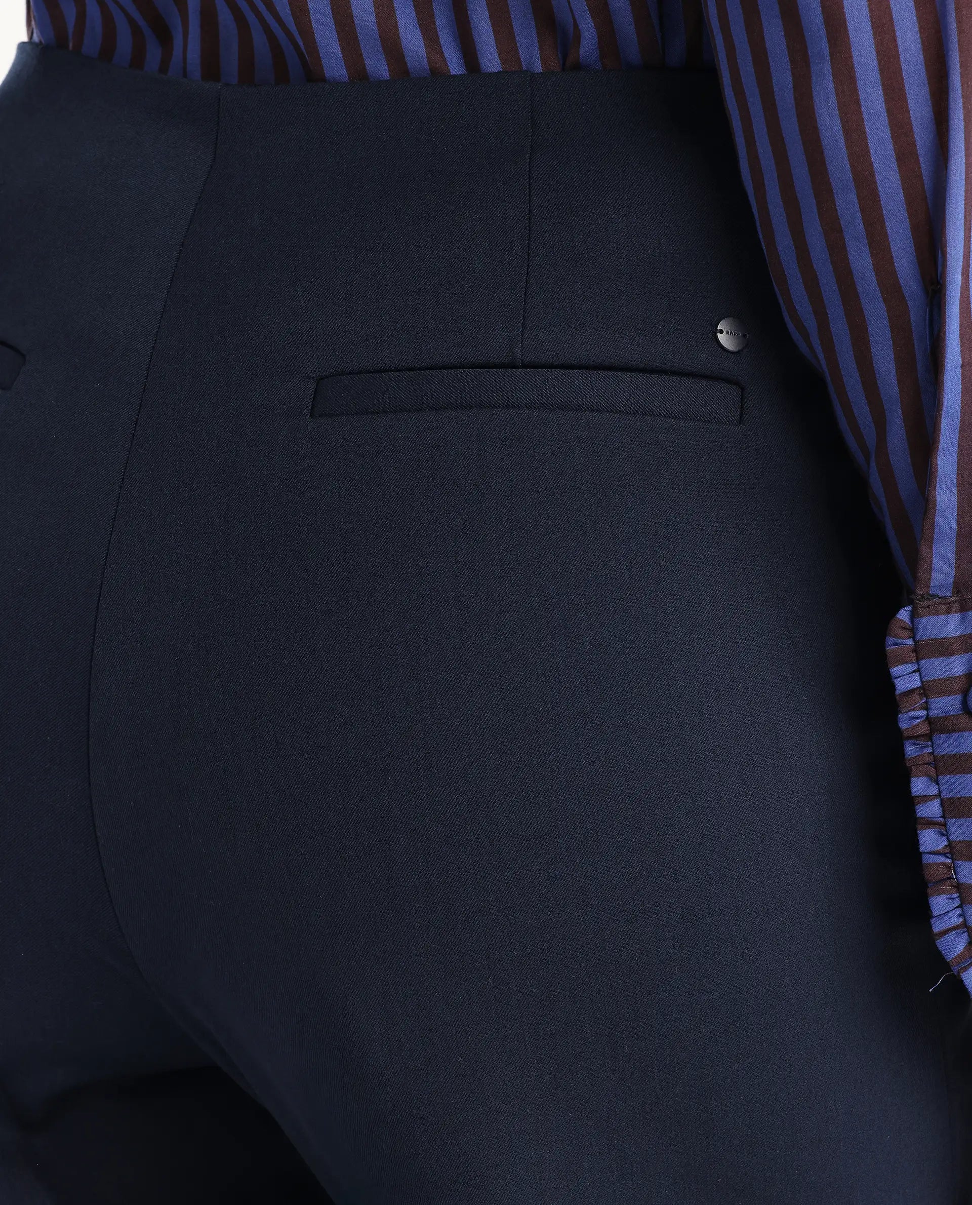 Rareism Women Wido Navy Polyester Blend Button Wide Leg Fit Plain Travel Trouser