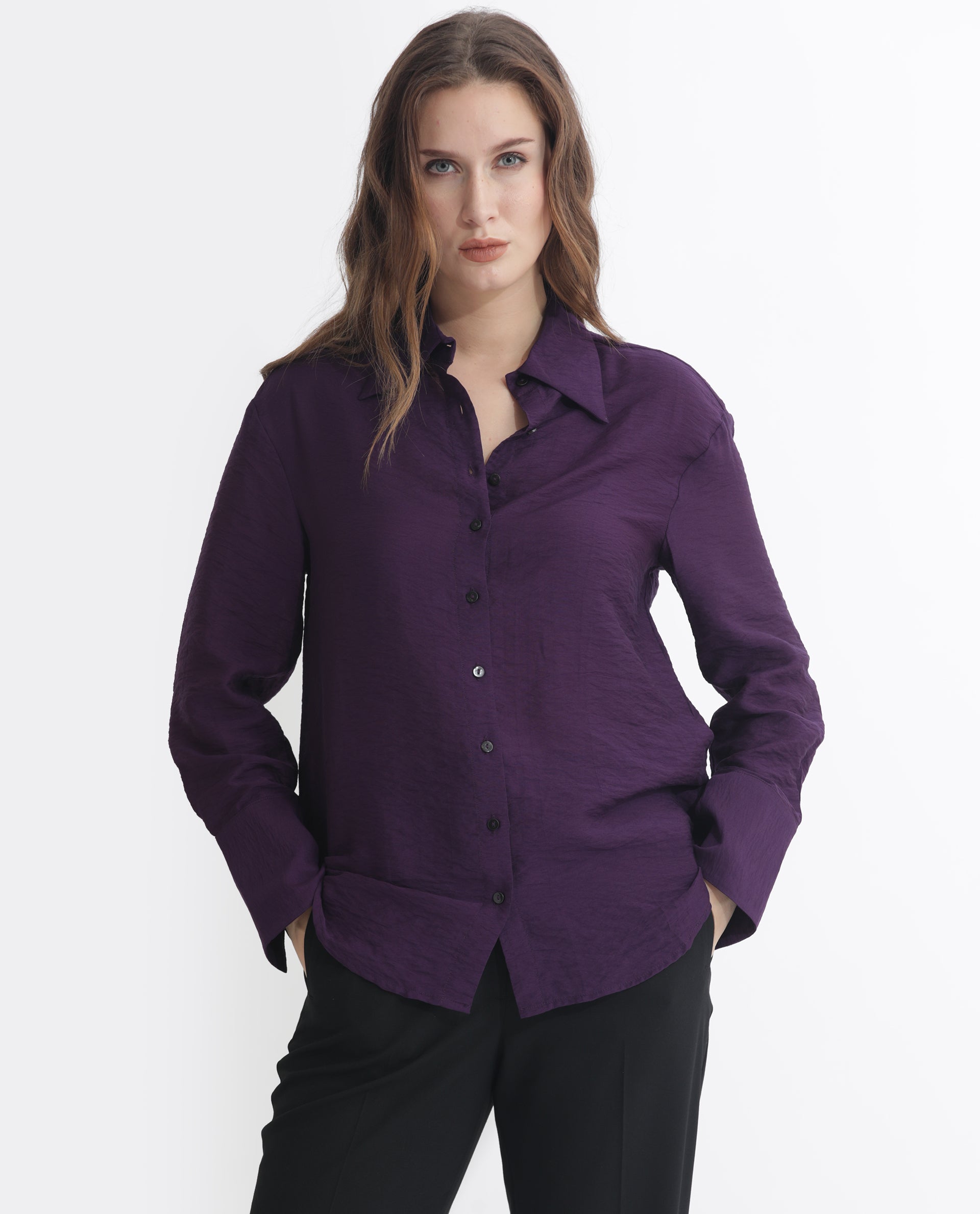 Rareism Women Wiesen Dark Purple Viscose Fabric Regular Sleeve Shirt C