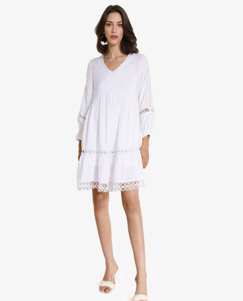 Rareism Women Wimbledon White Polyester Fabric Dyed Relaxed Fit Below Knee Length Dress