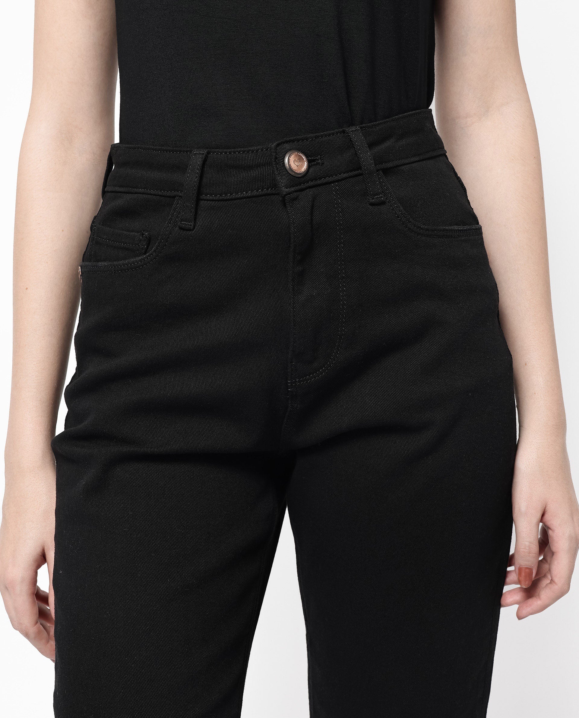 Rareism Women Winona Black Cotton Fabric Plain Crop Flare Jeans