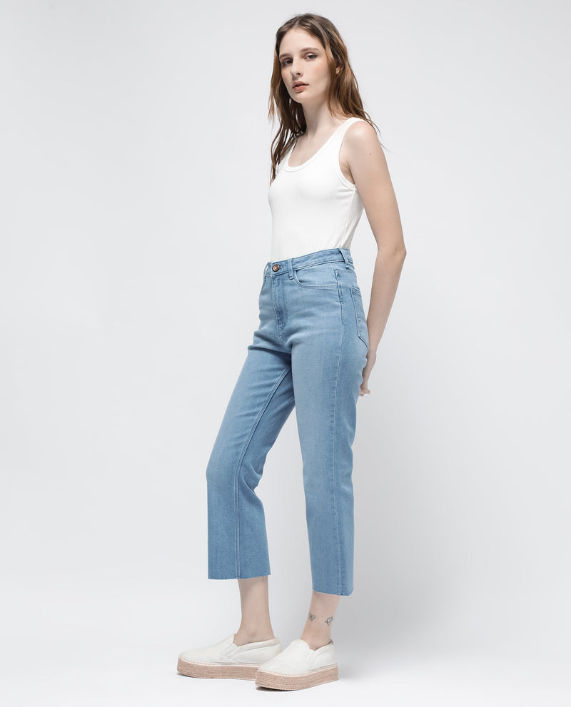 Rareism Women Winona Pastel Blue Cotton Fabric Plain Crop Flare Jeans