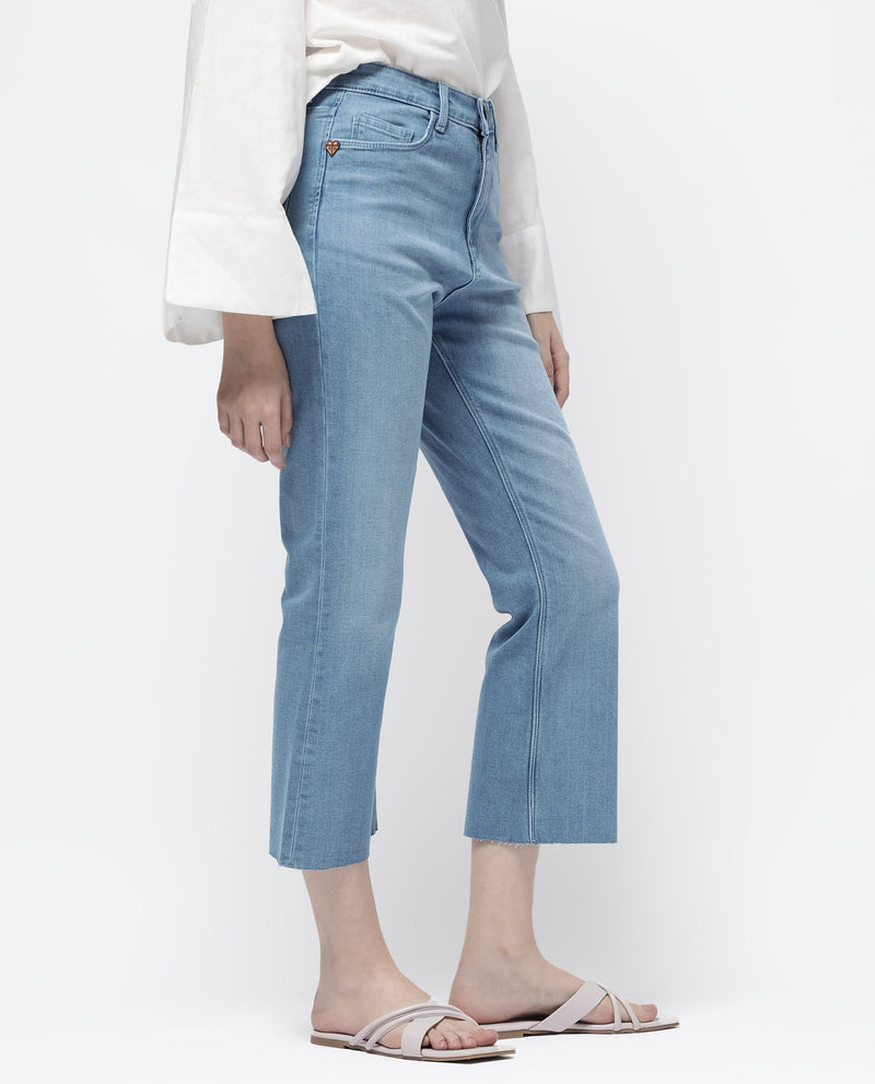 Rareism Women Winona Pastel Blue Cotton Fabric Plain Crop Flare Jeans