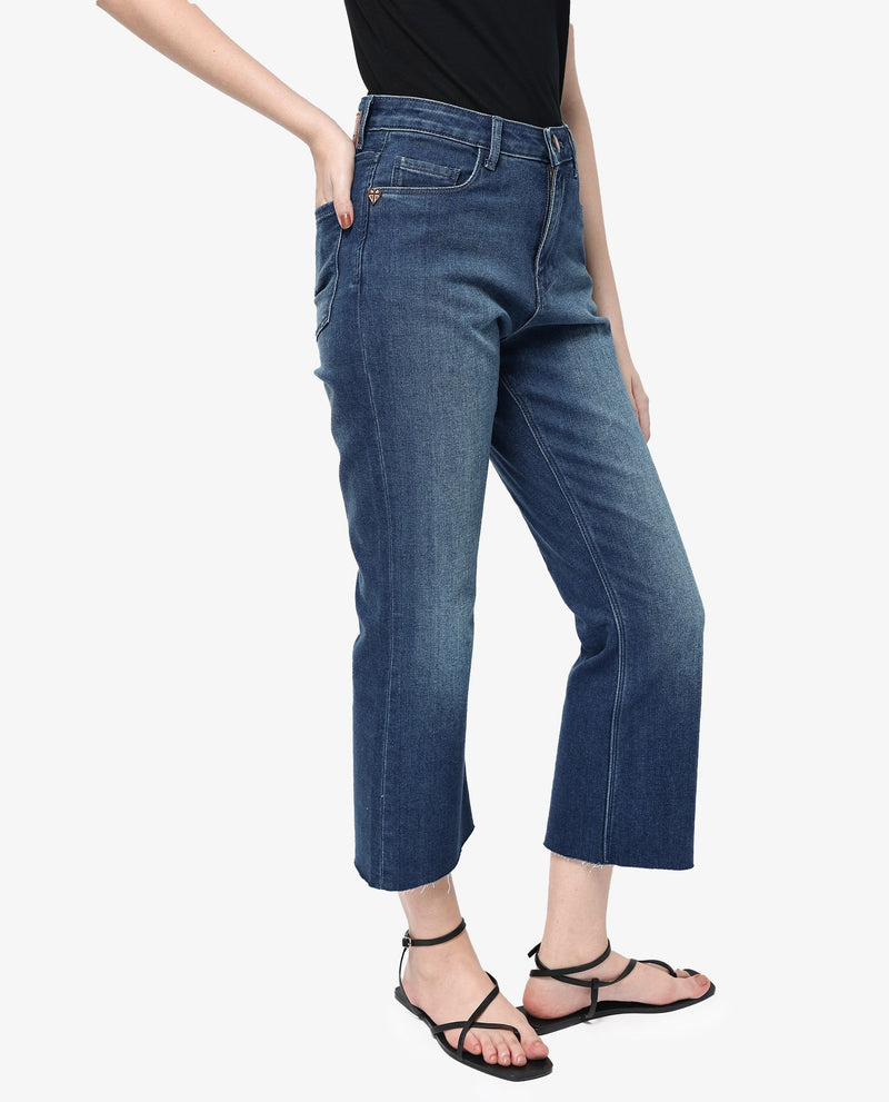 Rareism Women Winona Blue Cotton Fabric Plain Crop Flare Jeans