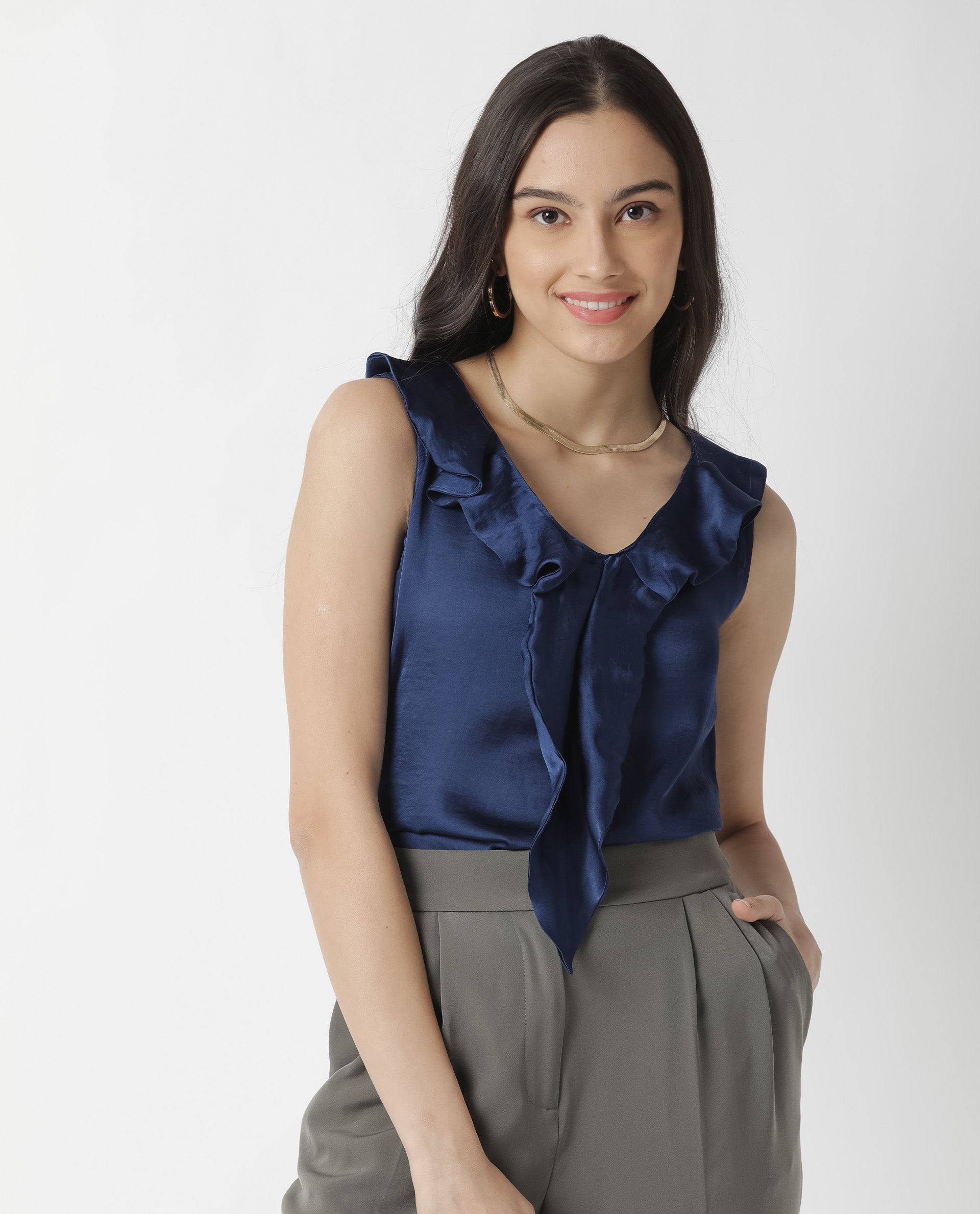 Rareism Womens Wishin Navy Top Modal Fabric Regular Fit Sleeveless Ruffled Neck