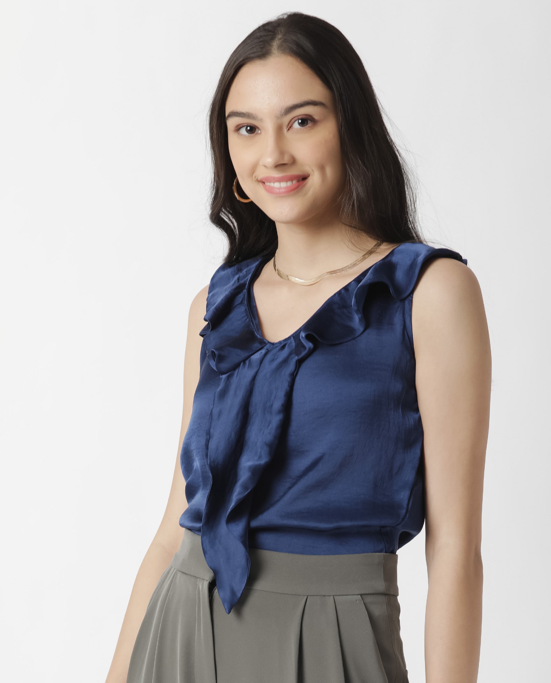 Rareism Womens Wishin Navy Top Modal Fabric Regular Fit Sleeveless Ruffled Neck