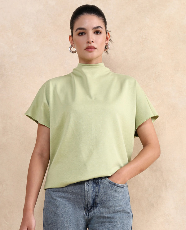 Rareism Women Worknet Dusky Green Cotton Viscose Fabric Extended Sleeves High Neck Relaxed Fit Plain Top