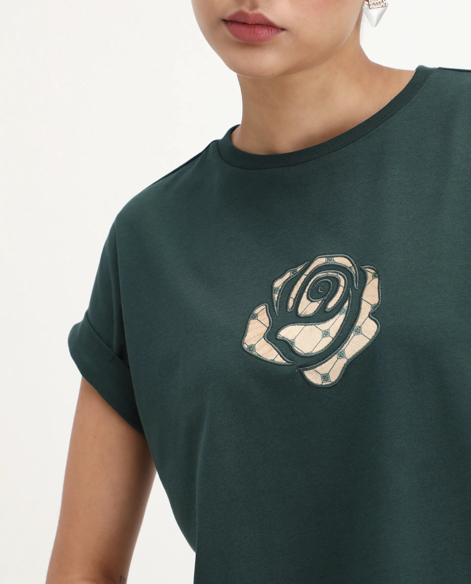 Rareism Women's Wrea Dark Green Cotton Blend Crew Neck Relaxed Fit T-Shirt