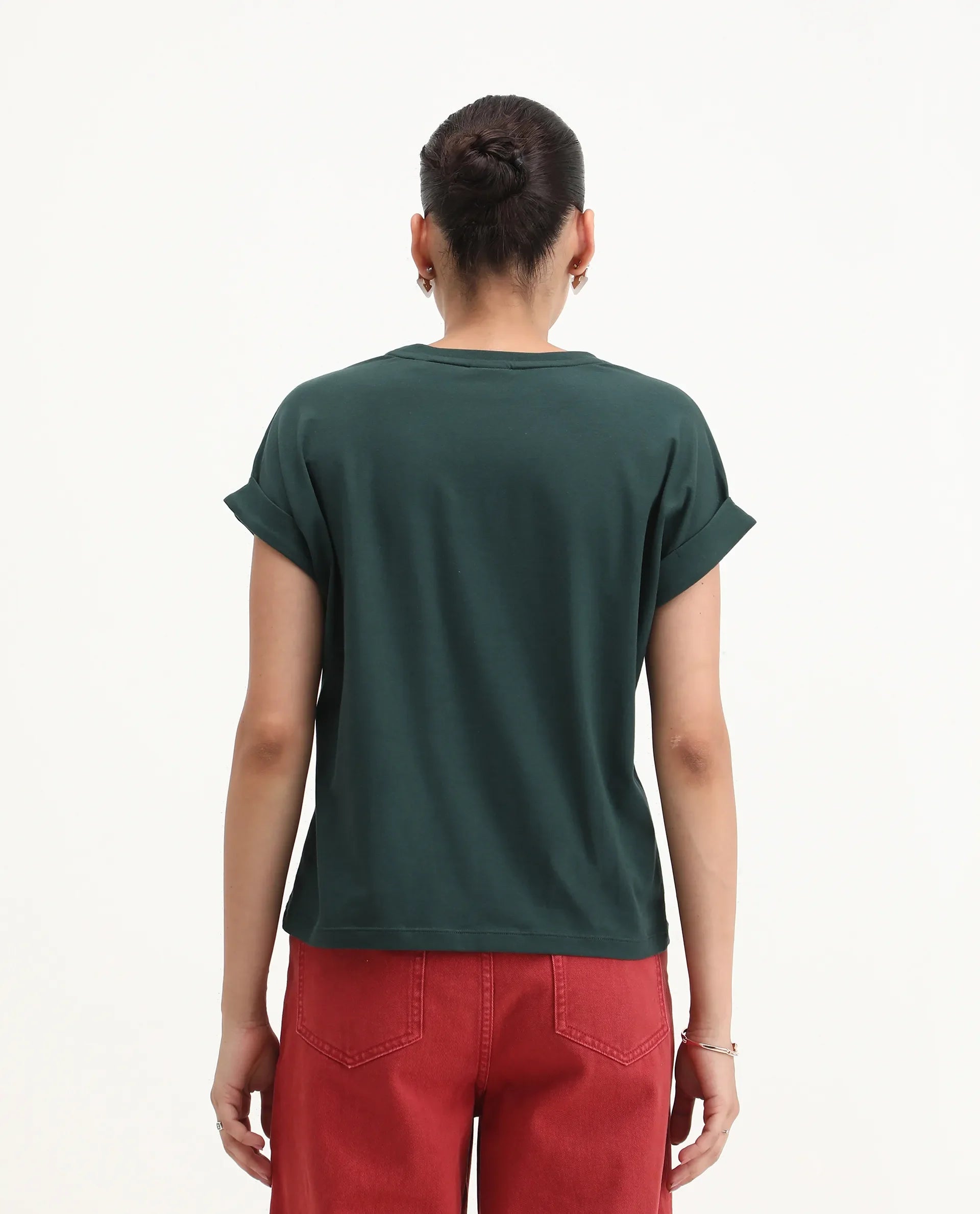 Rareism Women's Wrea Dark Green Cotton Blend Crew Neck Relaxed Fit T-Shirt