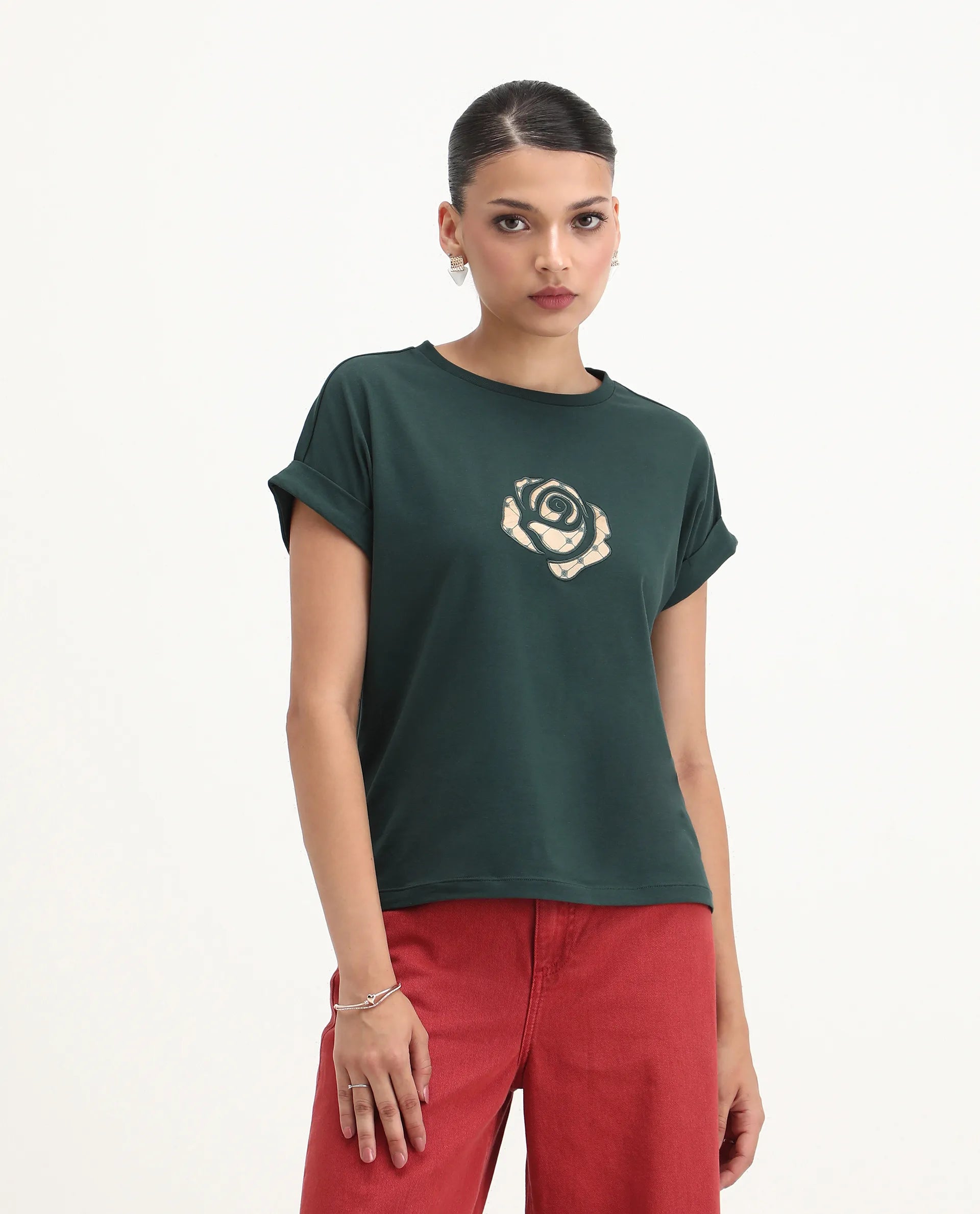 Rareism Women's Wrea Dark Green Cotton Blend Crew Neck Relaxed Fit T-Shirt