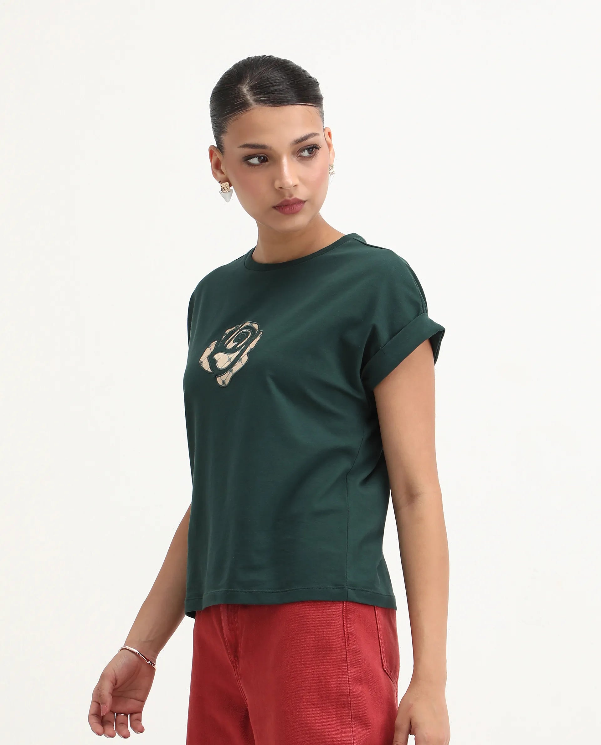 Rareism Women's Wrea Dark Green Cotton Blend Crew Neck Relaxed Fit T-Shirt