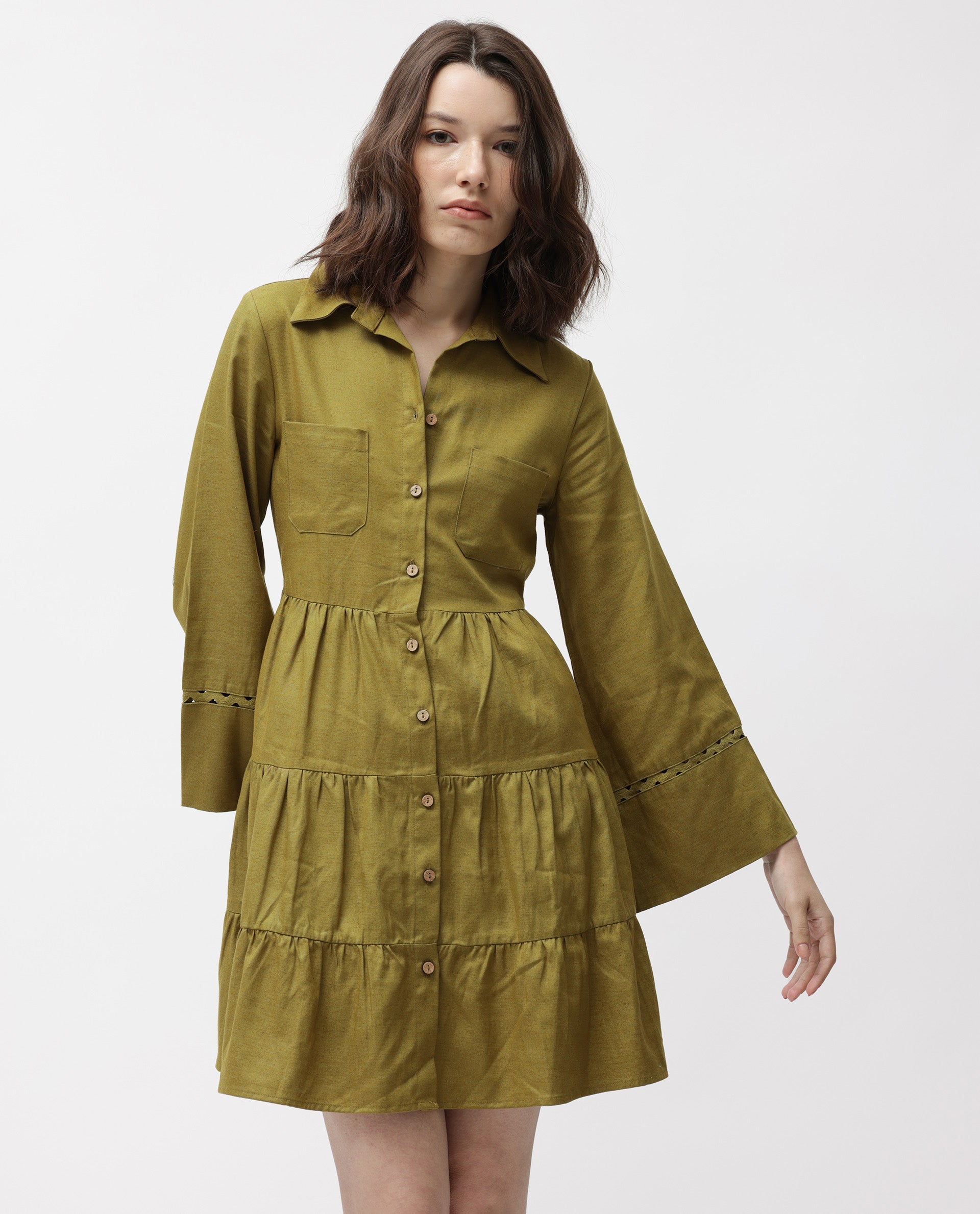 Rareism Women's Wyatt Green Cotton Blend Spread Collar Plain Bell Sleeve Mini Regular Fit Dress