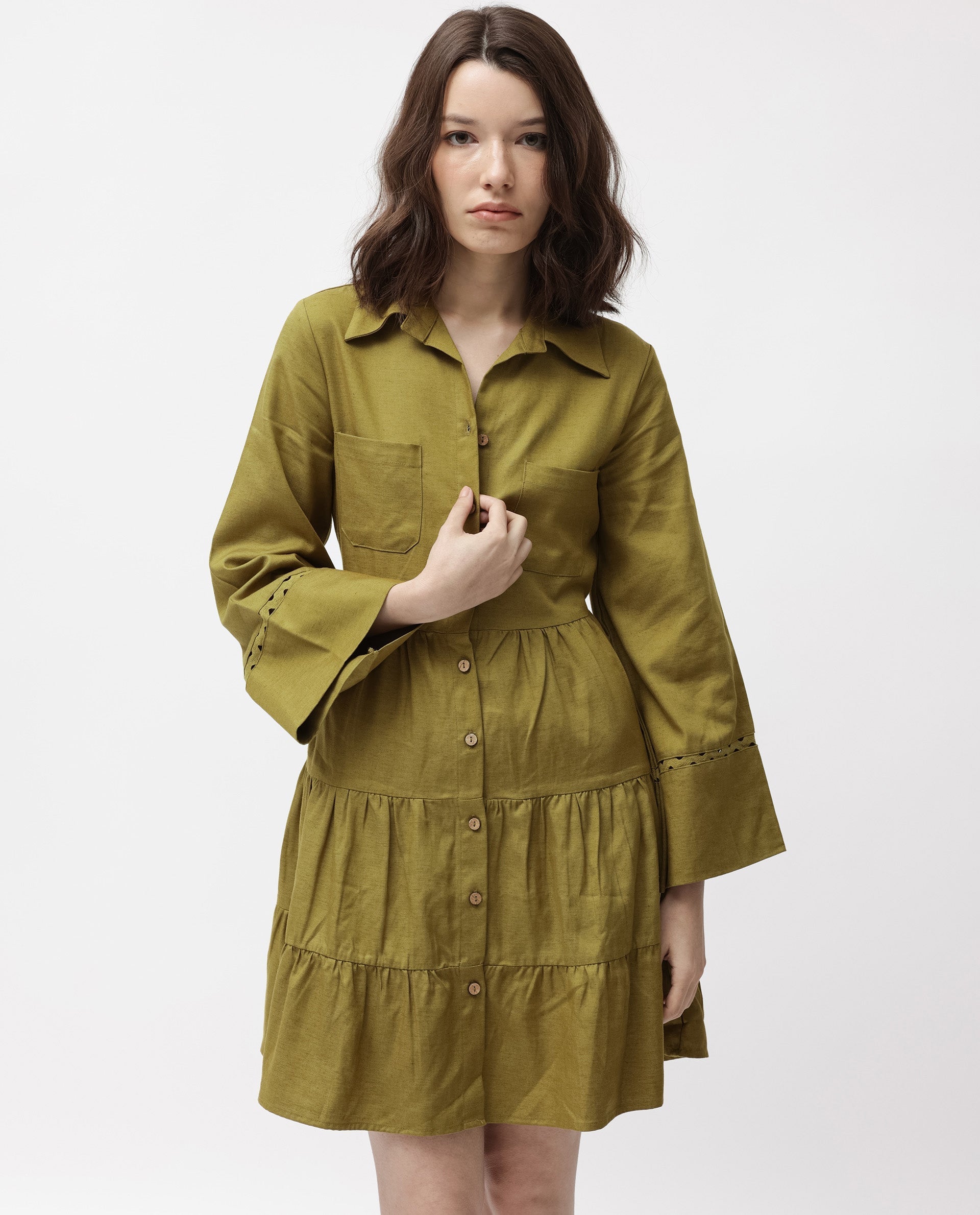 Rareism Women's Wyatt Green Cotton Blend Spread Collar Plain Bell Sleeve Mini Regular Fit Dress