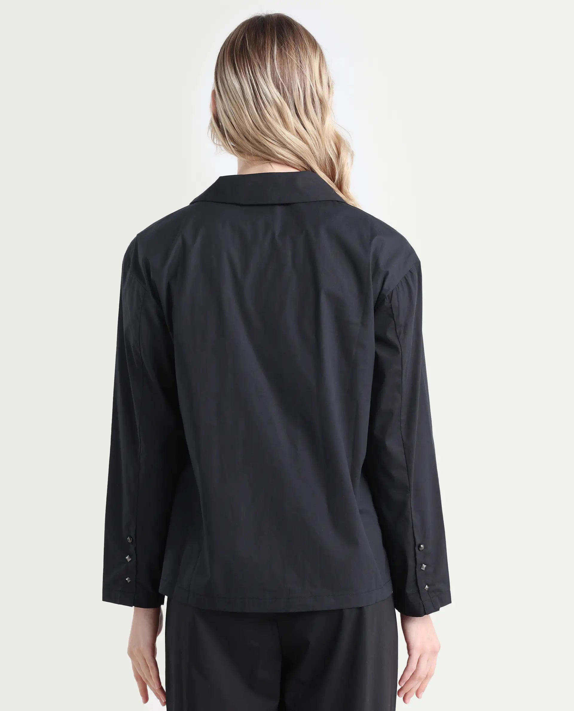 Rareism Women's Xan Black Cotton Spread Collar Plain Regular Fit Top