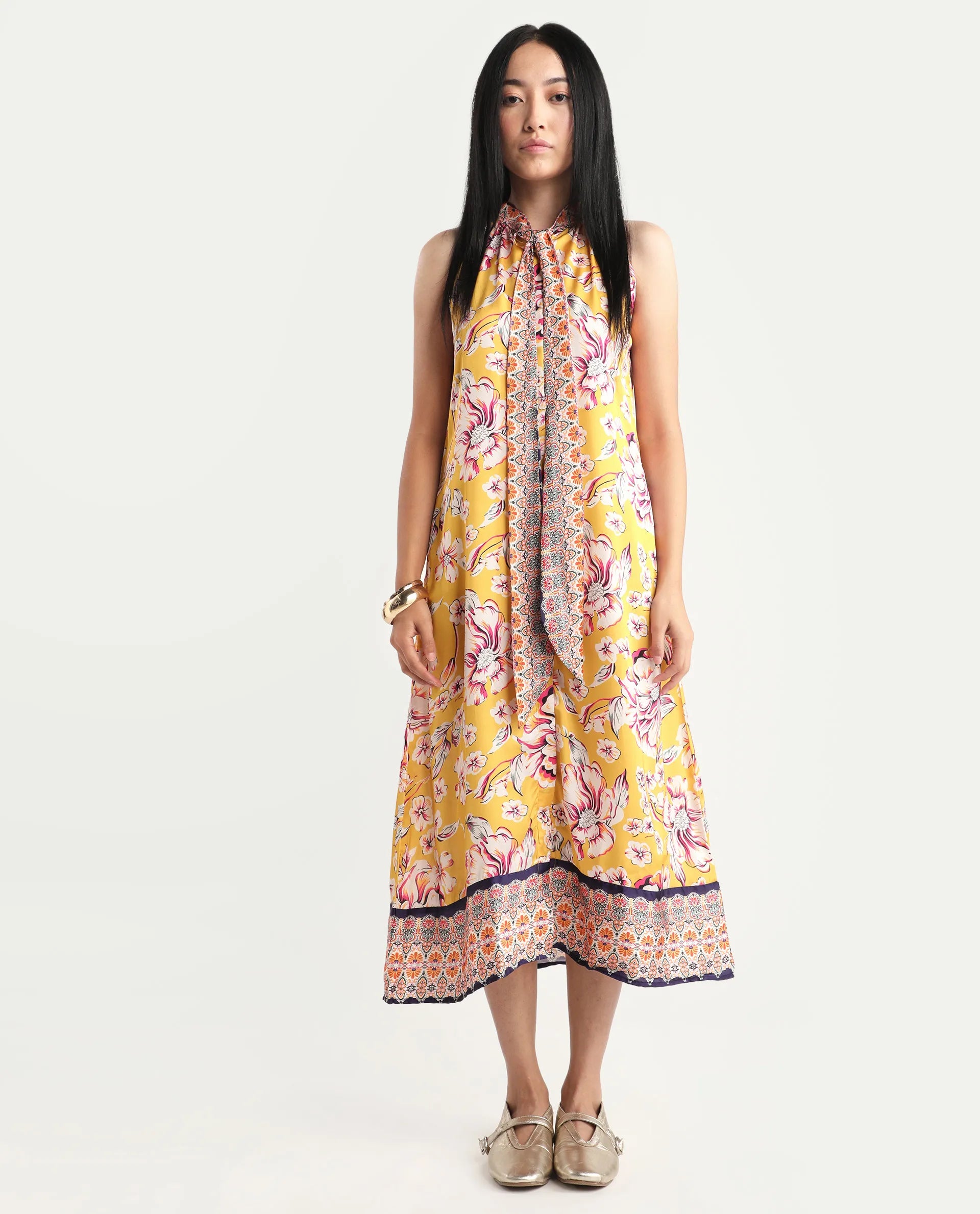 Rareism Women's Xander Yellow Polyester Tie-Up Neck Floral Print Sleeveless Maxi Regular Fit Dress