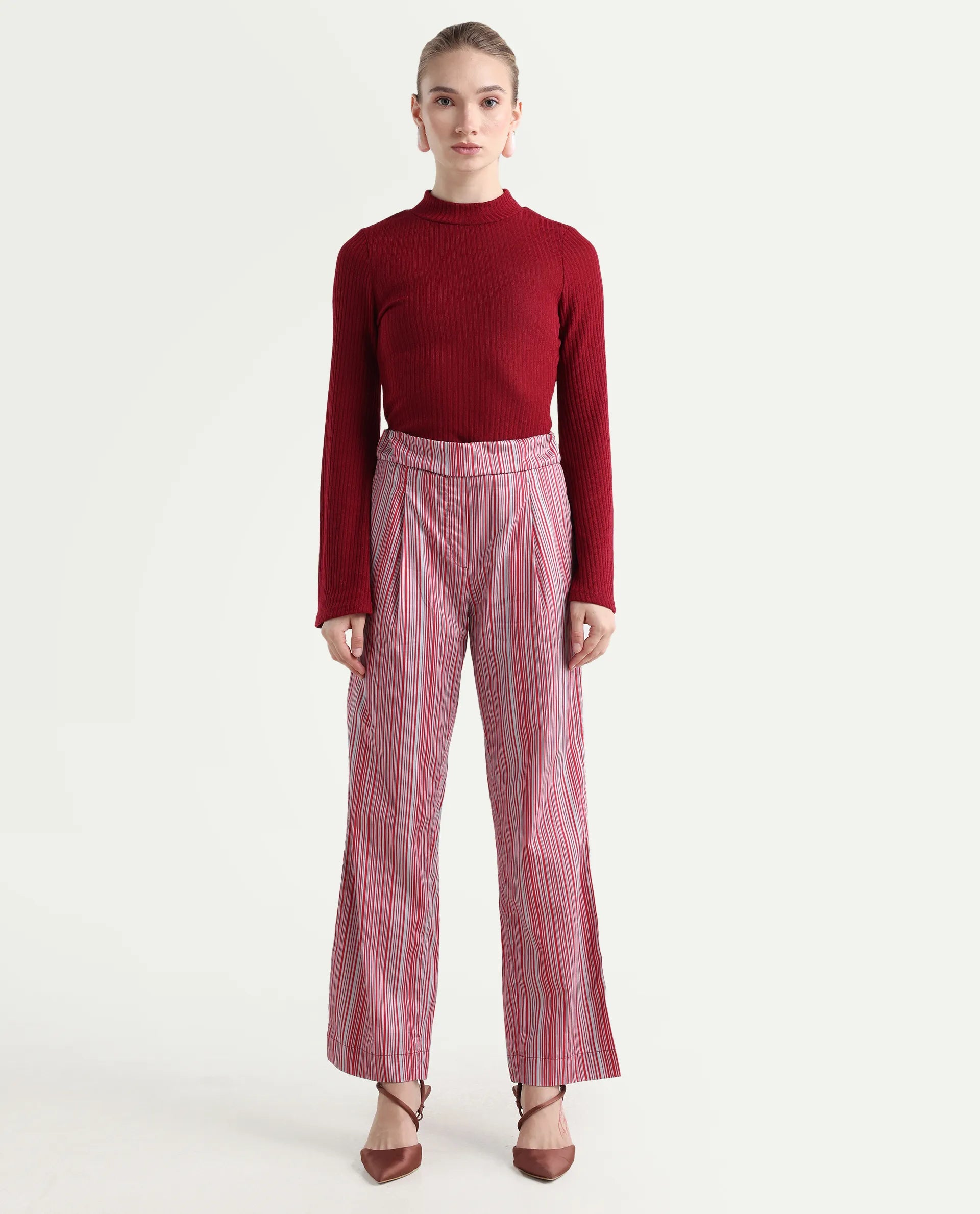 Rareism Women's Xavi Maroon Cotton Striped Ankle Length Tailored Trouser