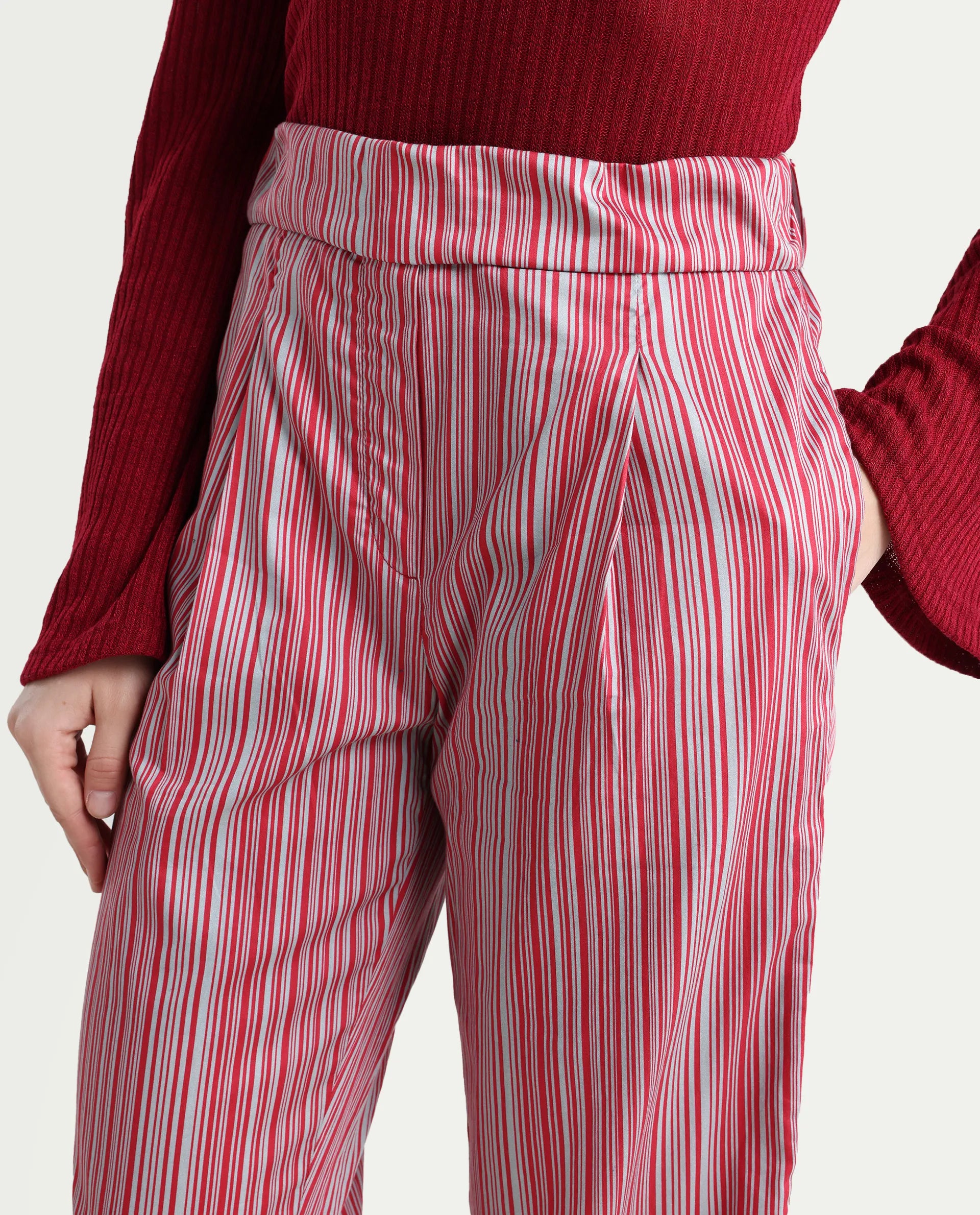 Rareism Women's Xavi Maroon Cotton Striped Ankle Length Tailored Trouser