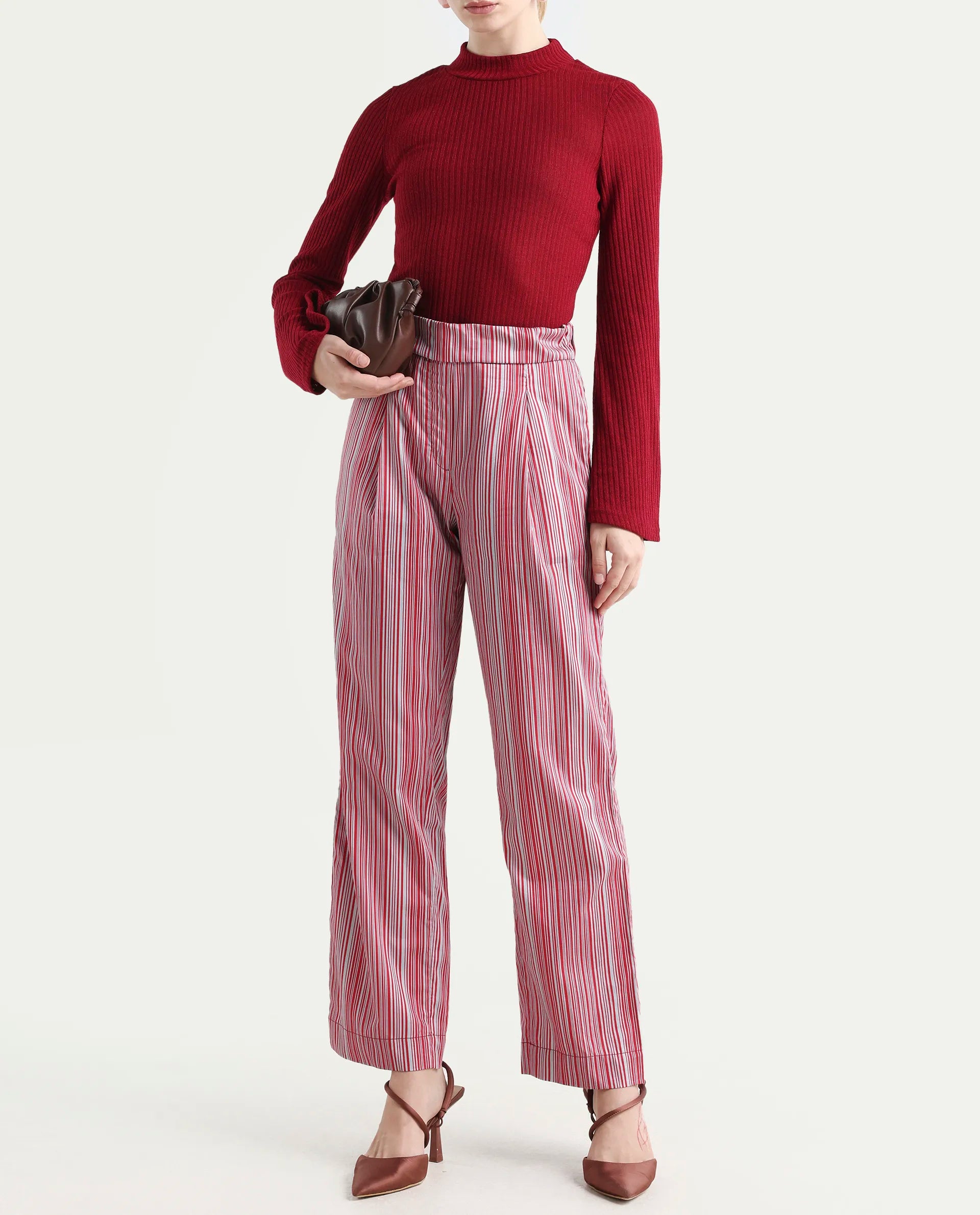 Rareism Women's Xavi Maroon Cotton Striped Ankle Length Tailored Trouser