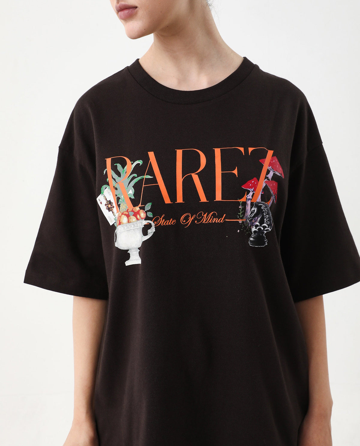 Rareism Women's Xena Brown Cotton Crew Neck Graphic Print Oversized T-Shirt