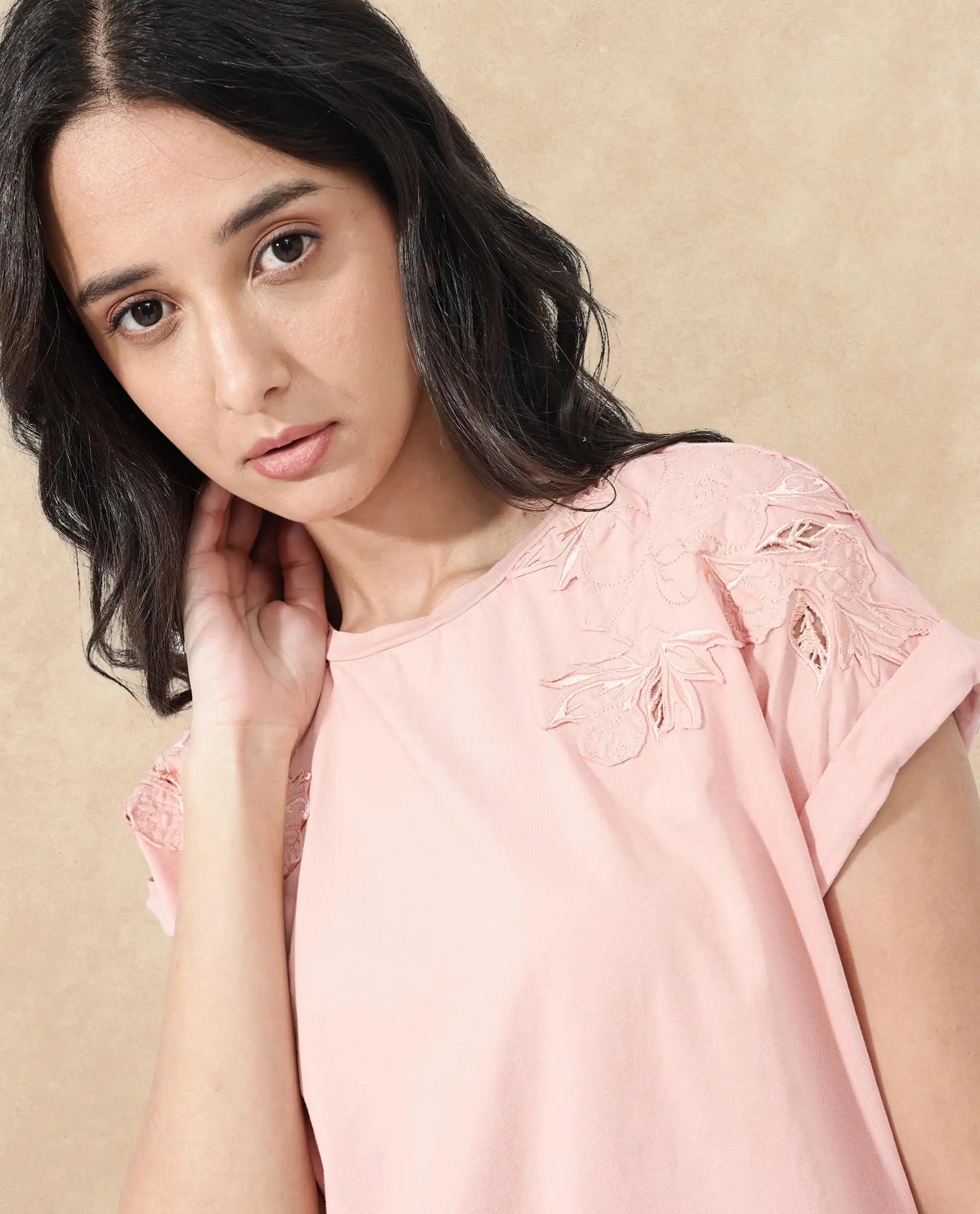 Rareism Women Xinia Light Peach Cotton Elastane Fabric Crew Neck Knit Solid T-Shirt