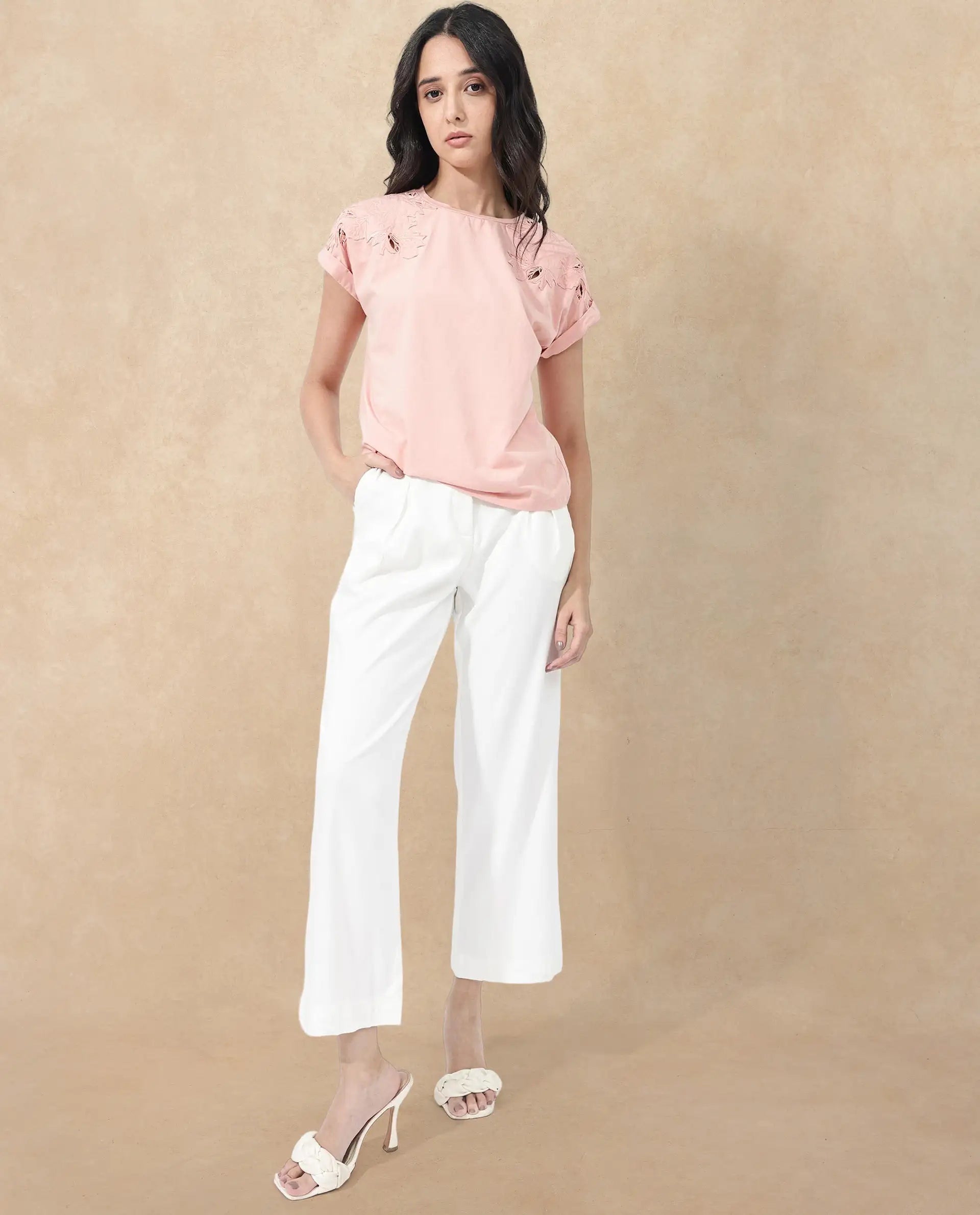 Rareism Women's Xinia Light Peach Cotton Blend Crew Neck Plain Extended Sleeves Regular Fit T-Shirt