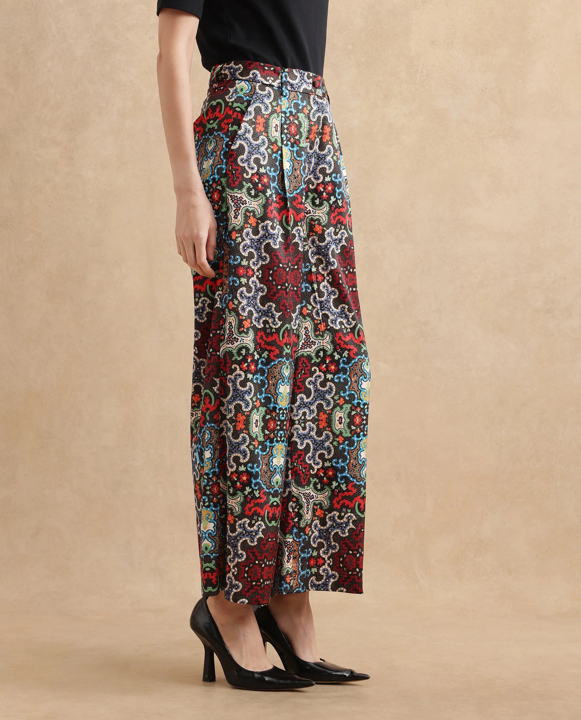Rareism Women's Xiu Dark Multi Satin Abstract Print Ankle Length Wide Trouser