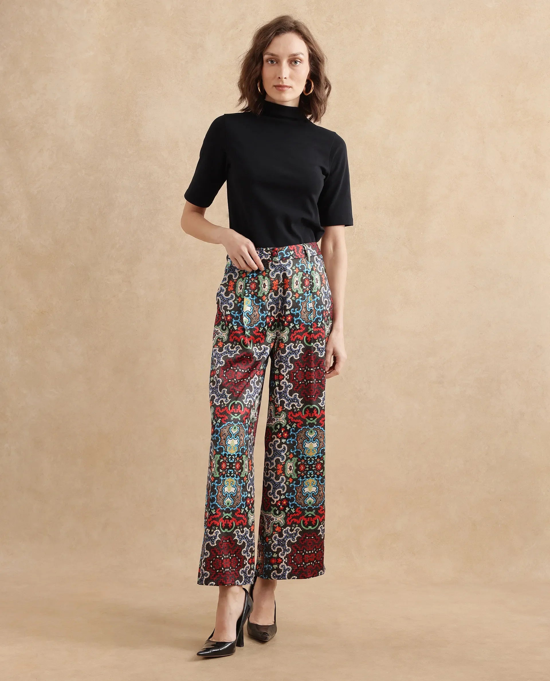 Rareism Women's Xiu Dark Multi Satin Abstract Print Ankle Length Wide Trouser