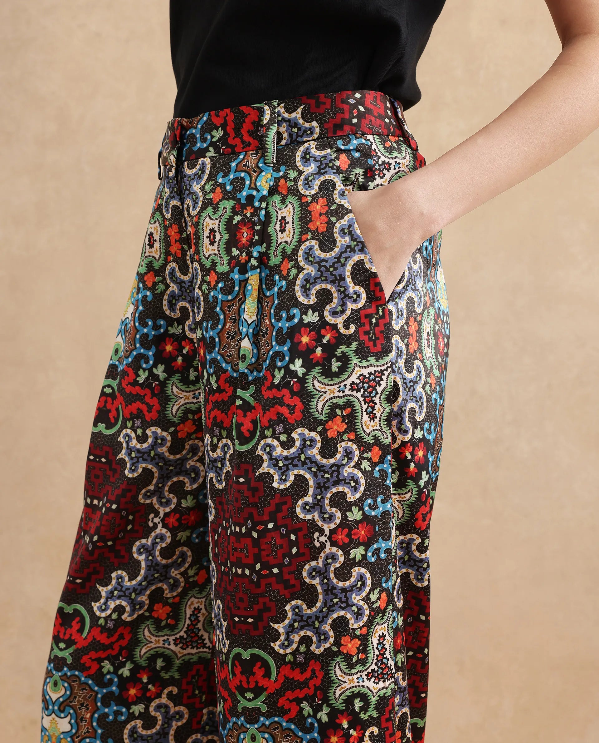 Rareism Women's Xiu Dark Multi Satin Abstract Print Ankle Length Wide Trouser