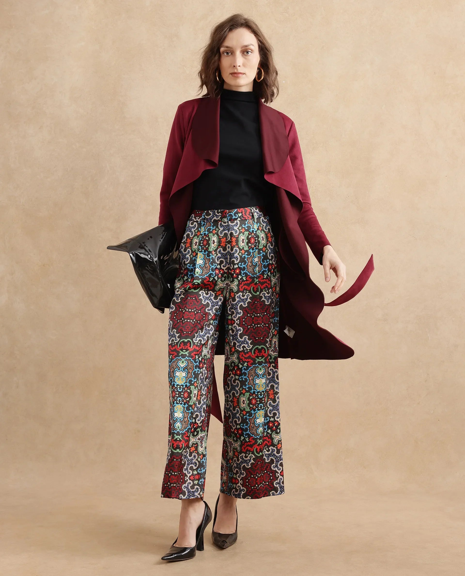 Rareism Women's Xiu Dark Multi Satin Abstract Print Ankle Length Wide Trouser