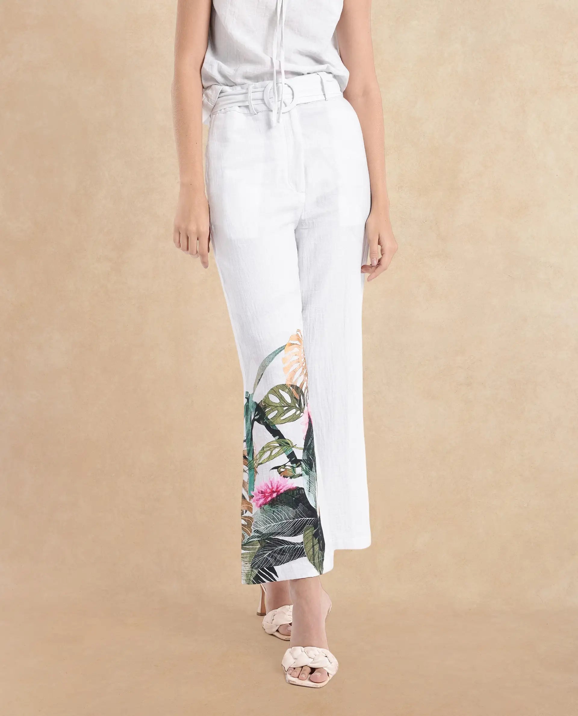 Rareism Women's Yarani Off White Cotton Blend Tropical Print Ankle Length Wide Trouser