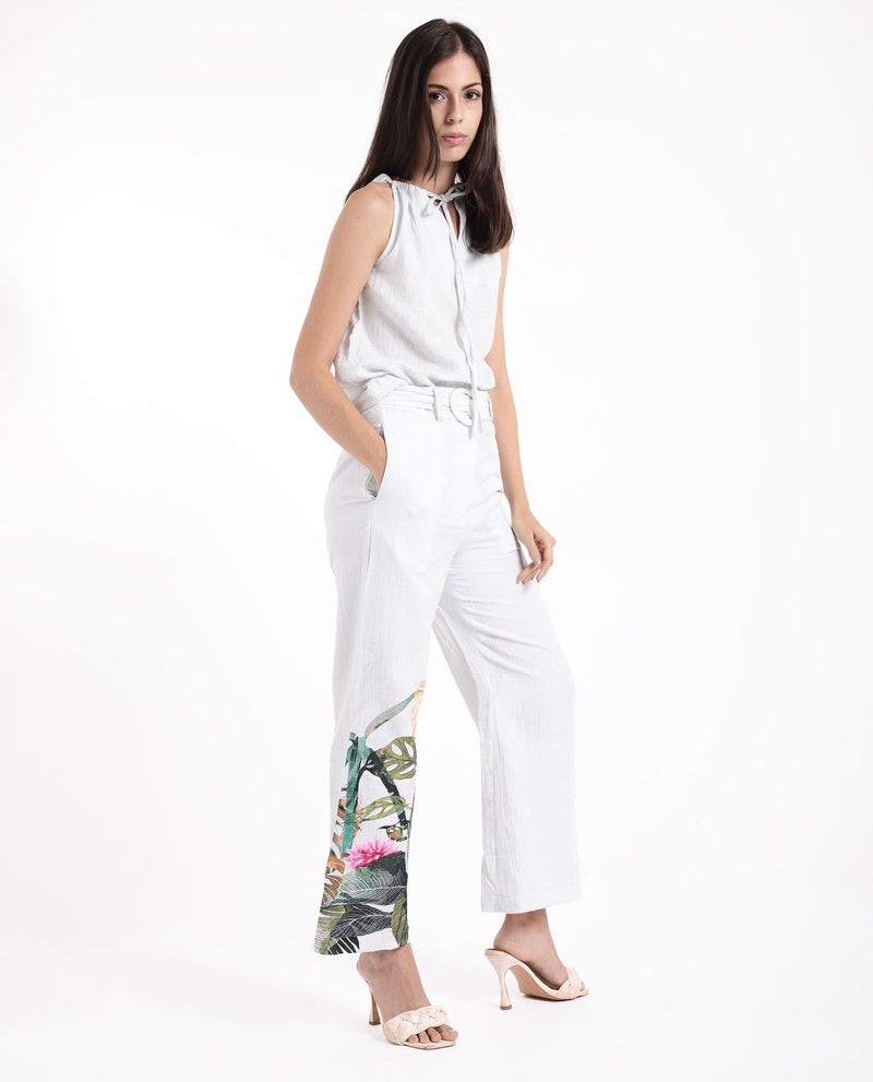 Rareism Women Yarani Off White Zipper Wide Fit Tropical Print Ankle Length Trouser