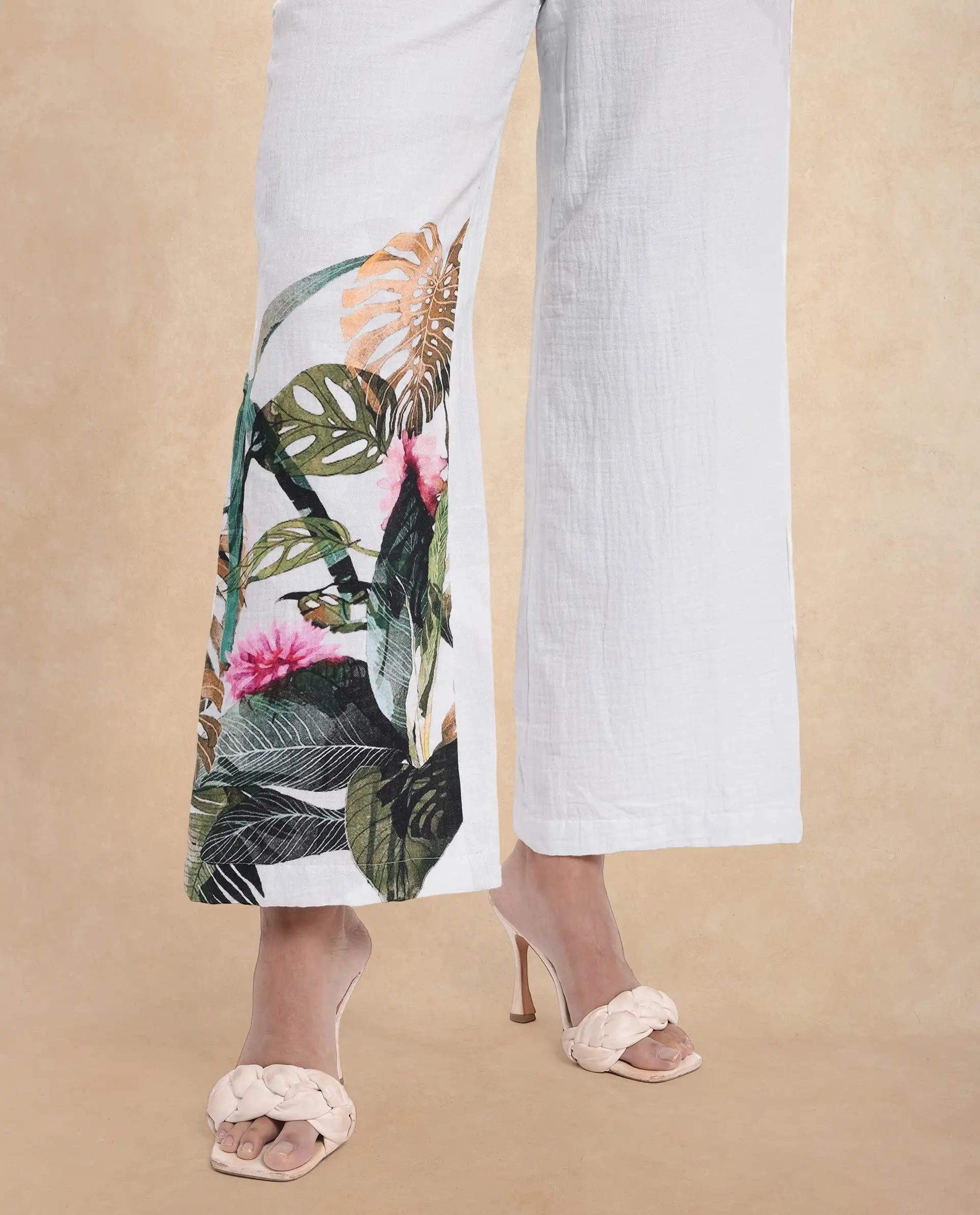 Rareism Women's Yarani Off White Cotton Blend Tropical Print Ankle Length Wide Trouser