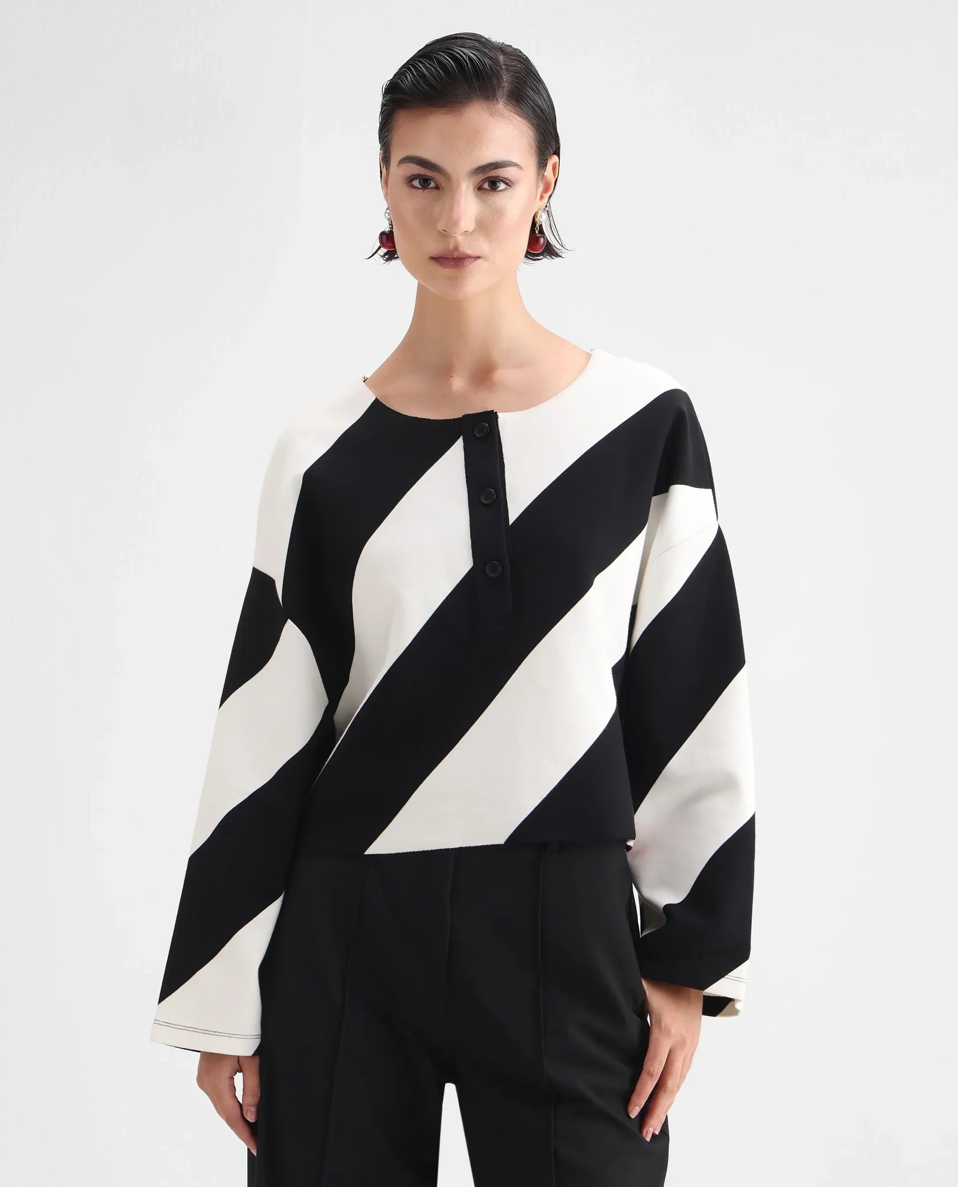 Rareism Women's Yarny Black Polyester Blend Henley Neck Striped Relaxed Fit Top