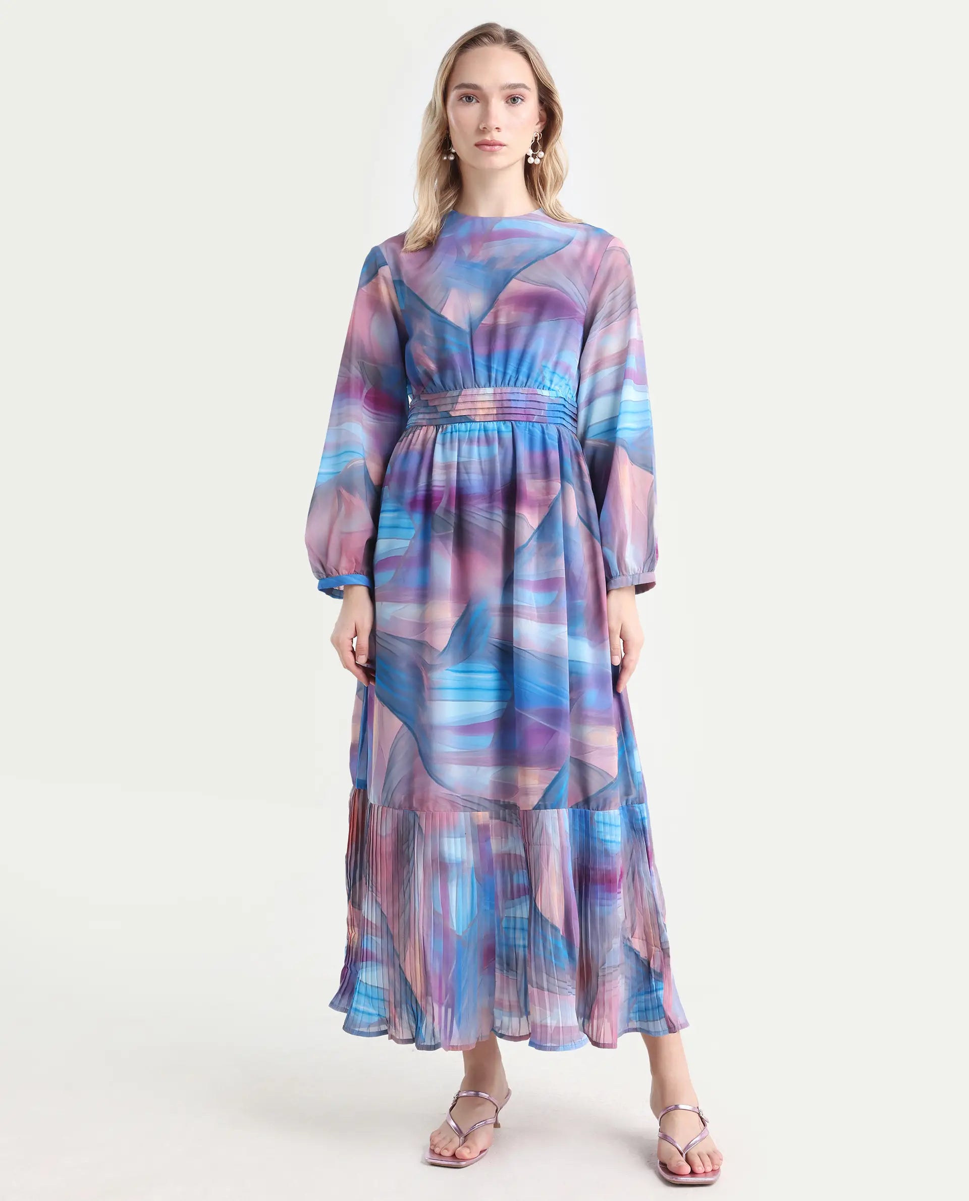 Rareism Women's Yason Multi Polyester Crew Neck Abstract Print Bishop Sleeve Maxi Fit And Flare Dress