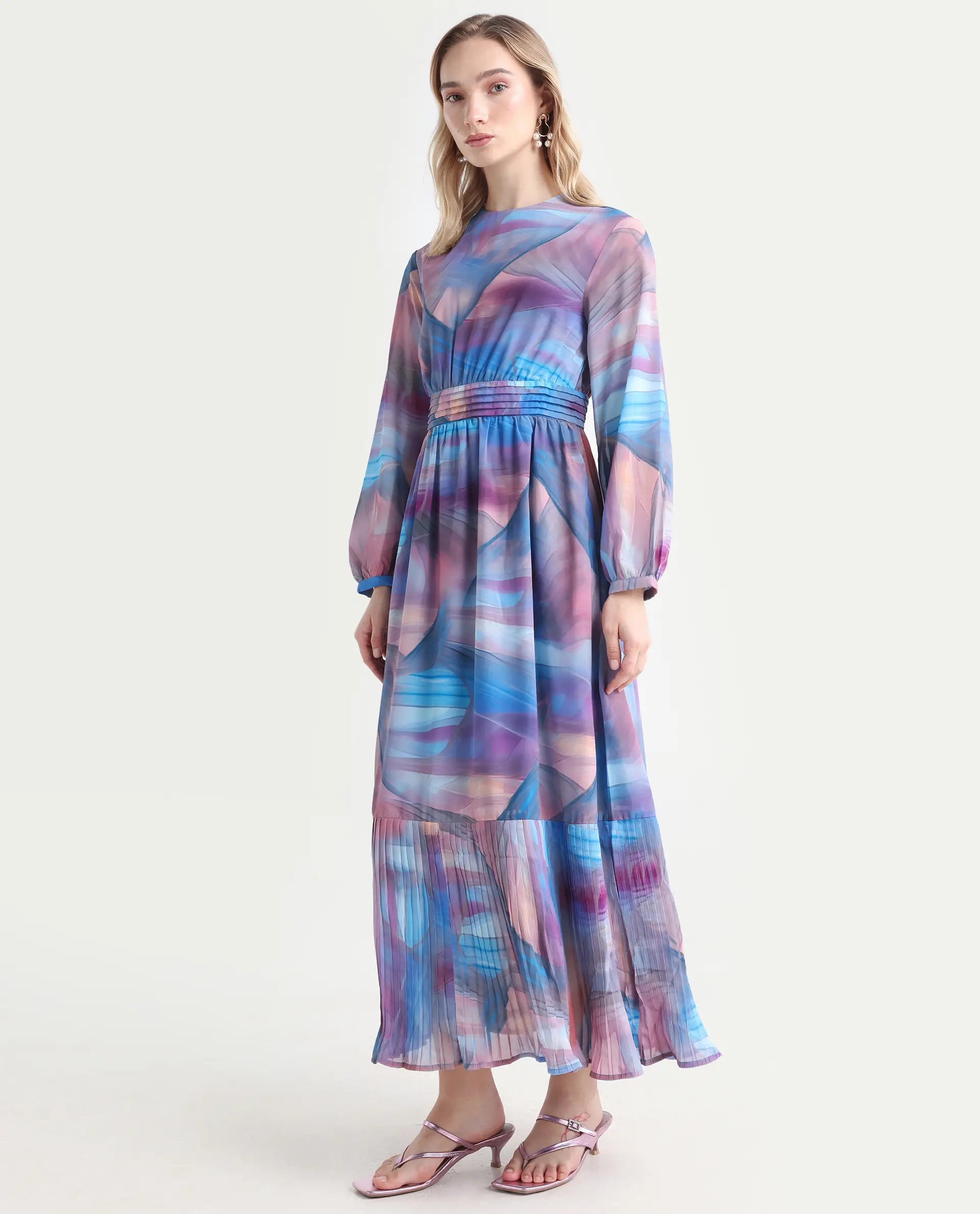 Rareism Women's Yason Multi Polyester Crew Neck Abstract Print Bishop Sleeve Maxi Fit And Flare Dress