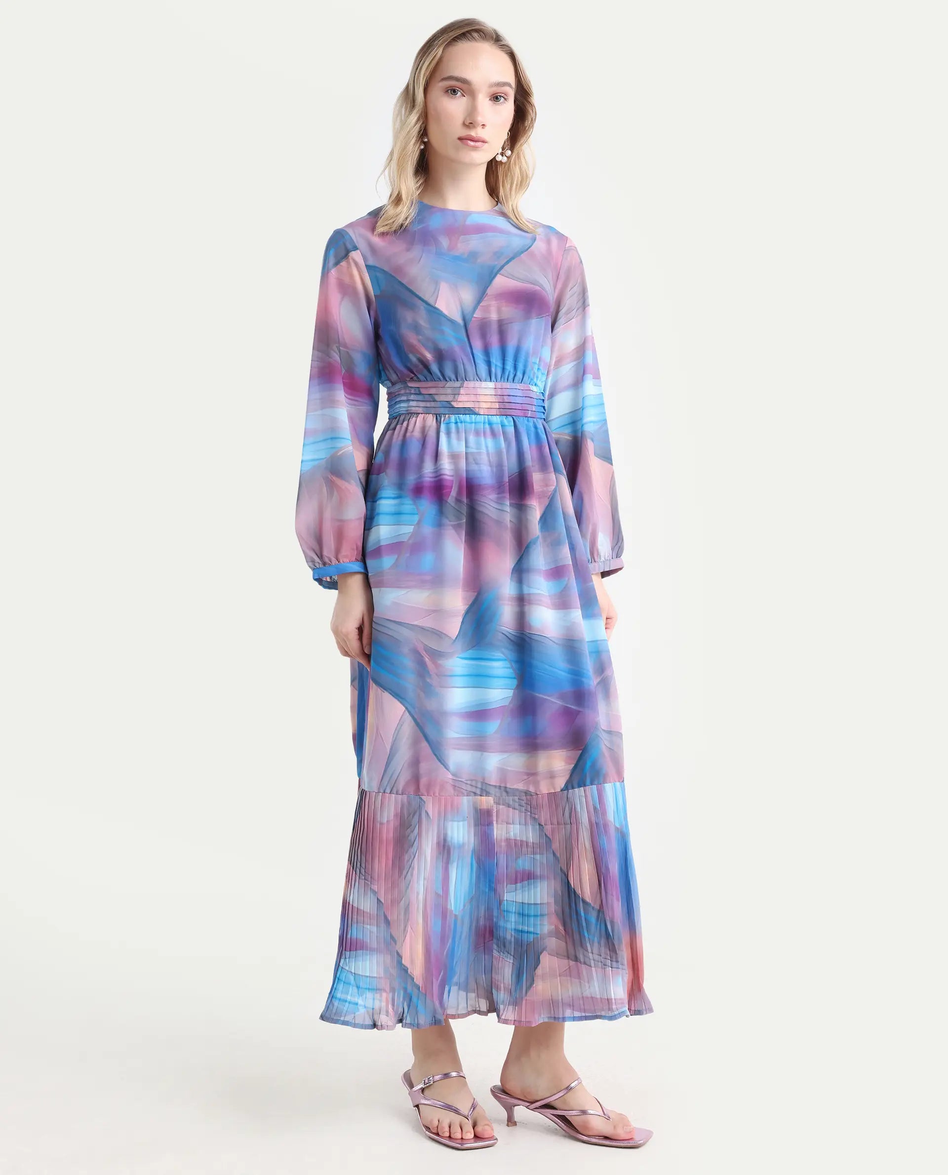 Rareism Women's Yason Multi Polyester Crew Neck Abstract Print Bishop Sleeve Maxi Fit And Flare Dress