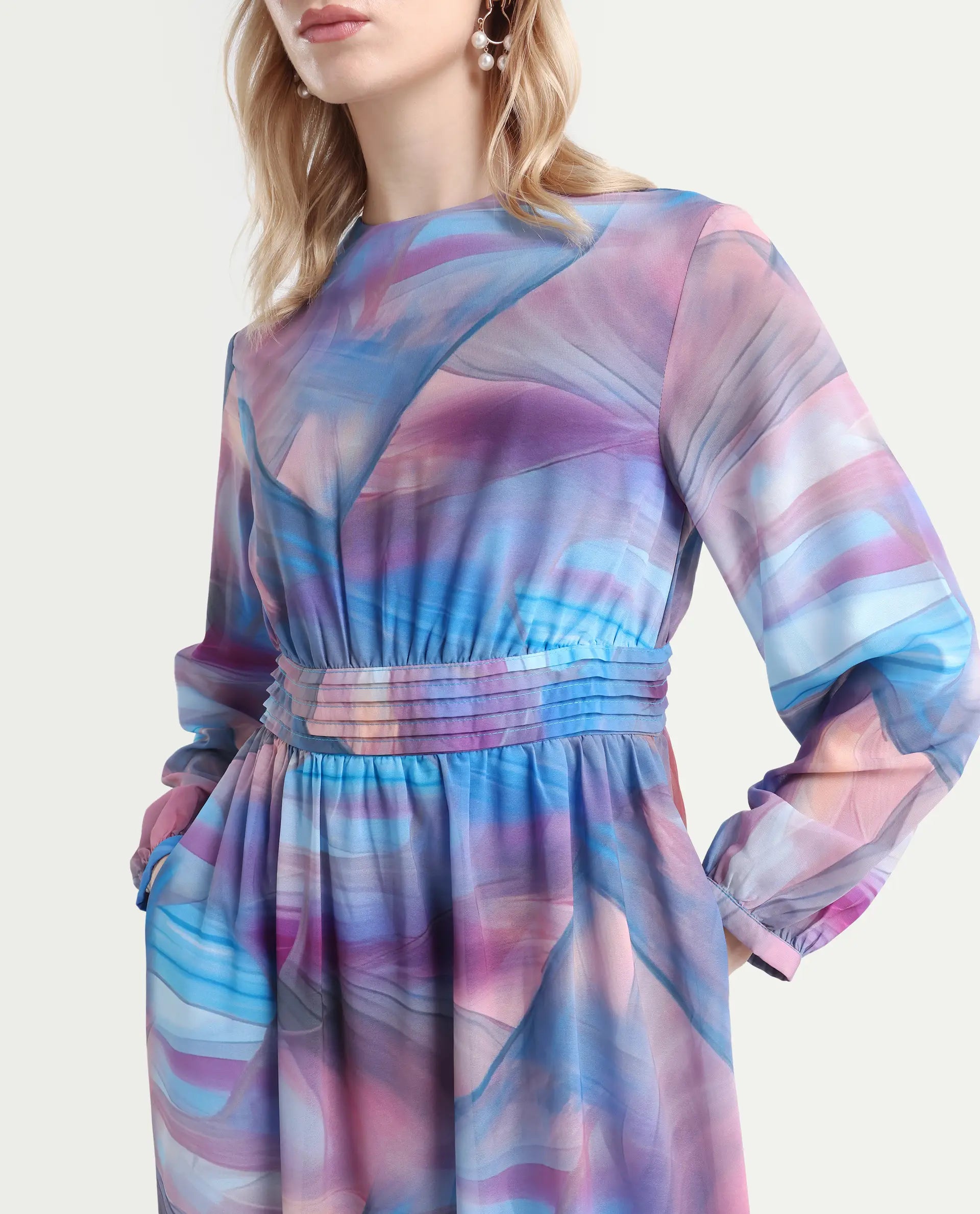 Rareism Women's Yason Multi Polyester Crew Neck Abstract Print Bishop Sleeve Maxi Fit And Flare Dress