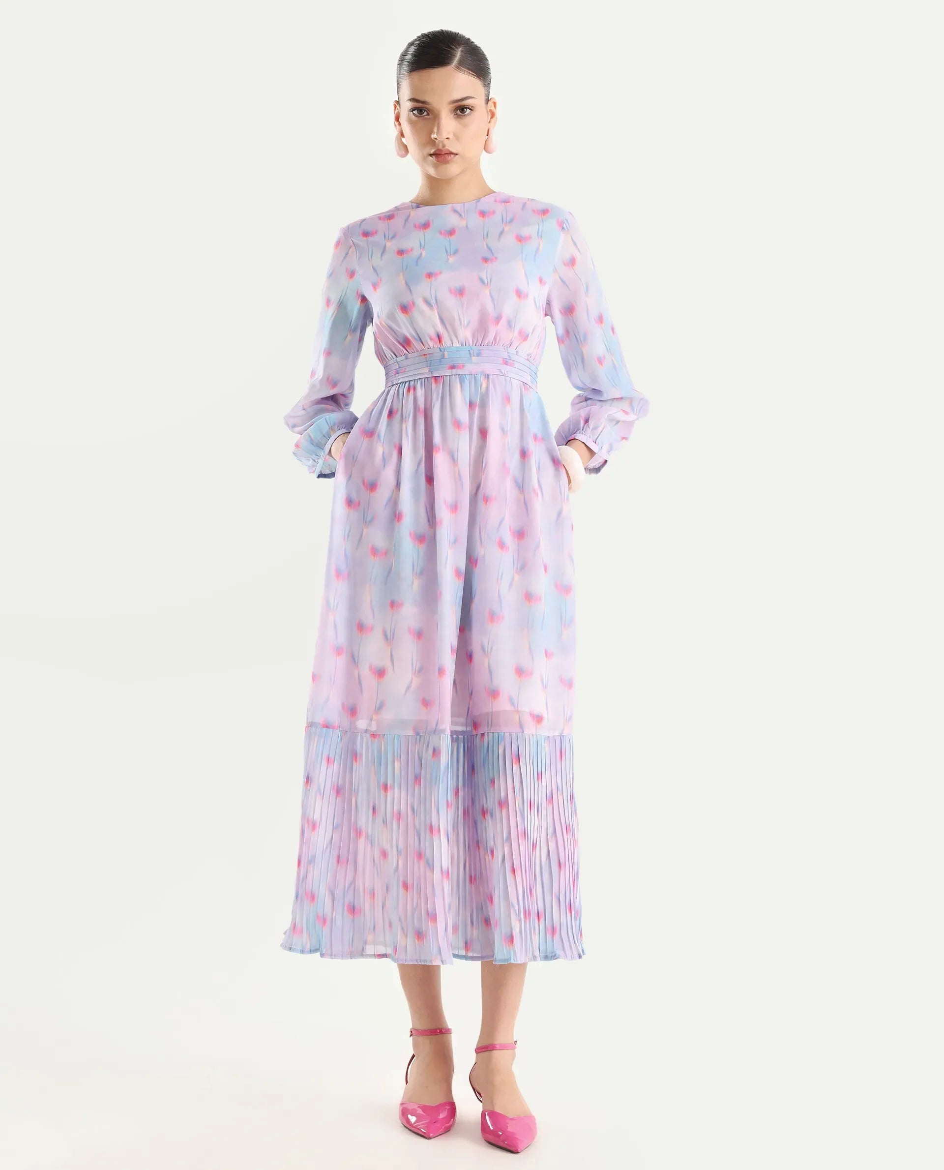 Rareism Women's Yasopp Multi Polyester Crew Neck Floral Print Bishop Sleeve Midi Fit And Flare Dress