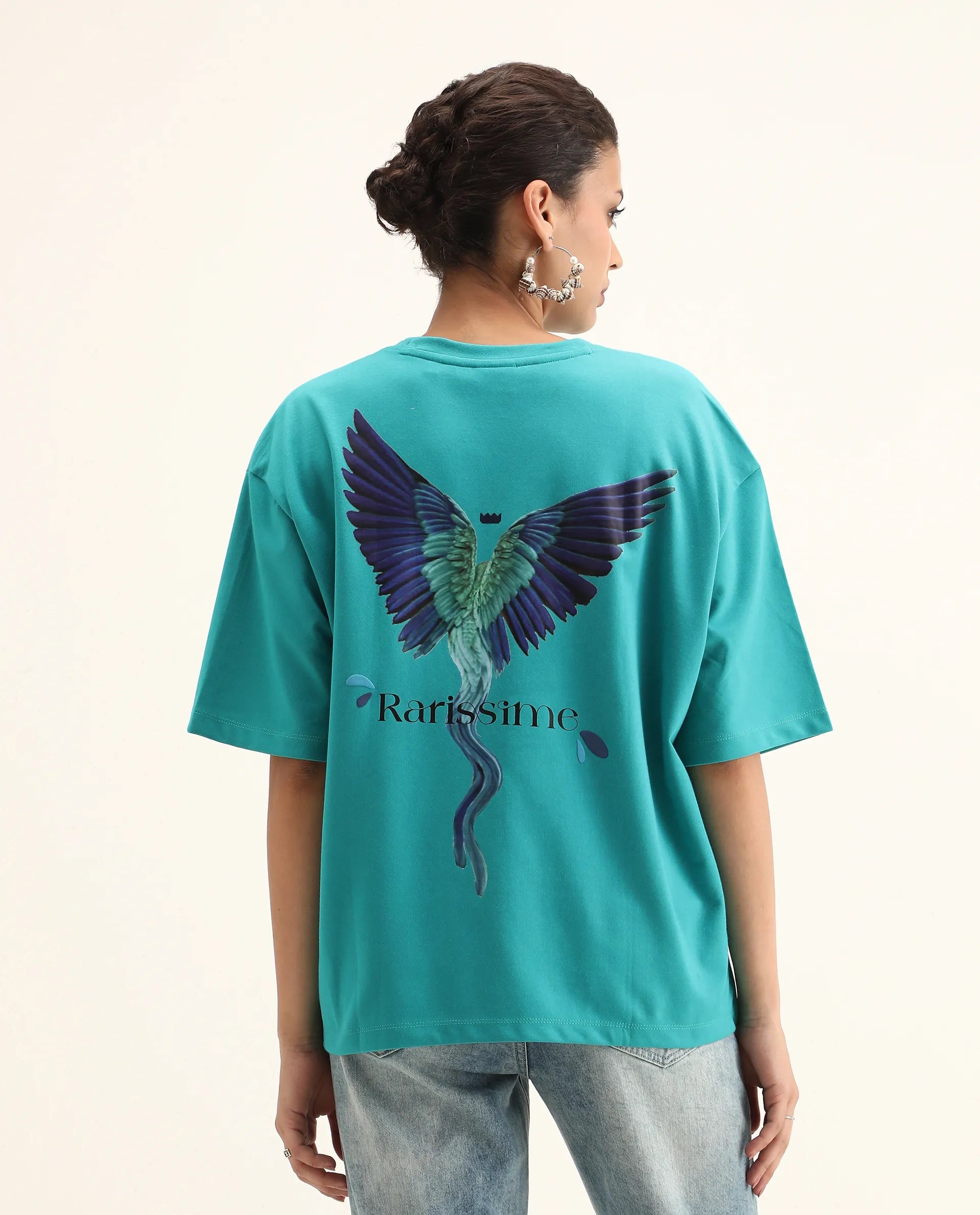Rareism Women's Yeez Teal Cotton Blend Crew Neck Graphic Print Oversized T-Shirt