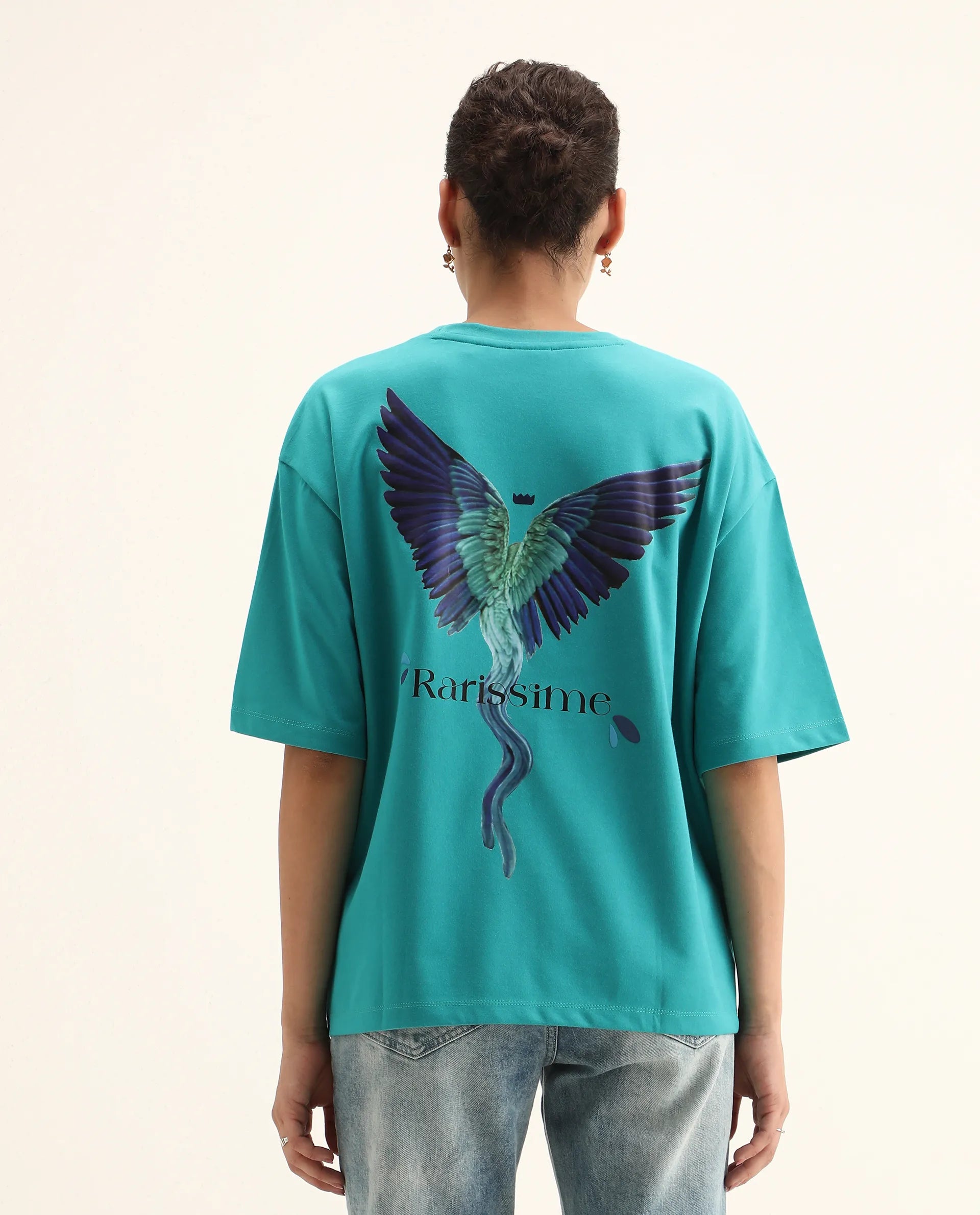 Rareism Women's Yeez Teal Cotton Blend Crew Neck Graphic Print Oversized T-Shirt