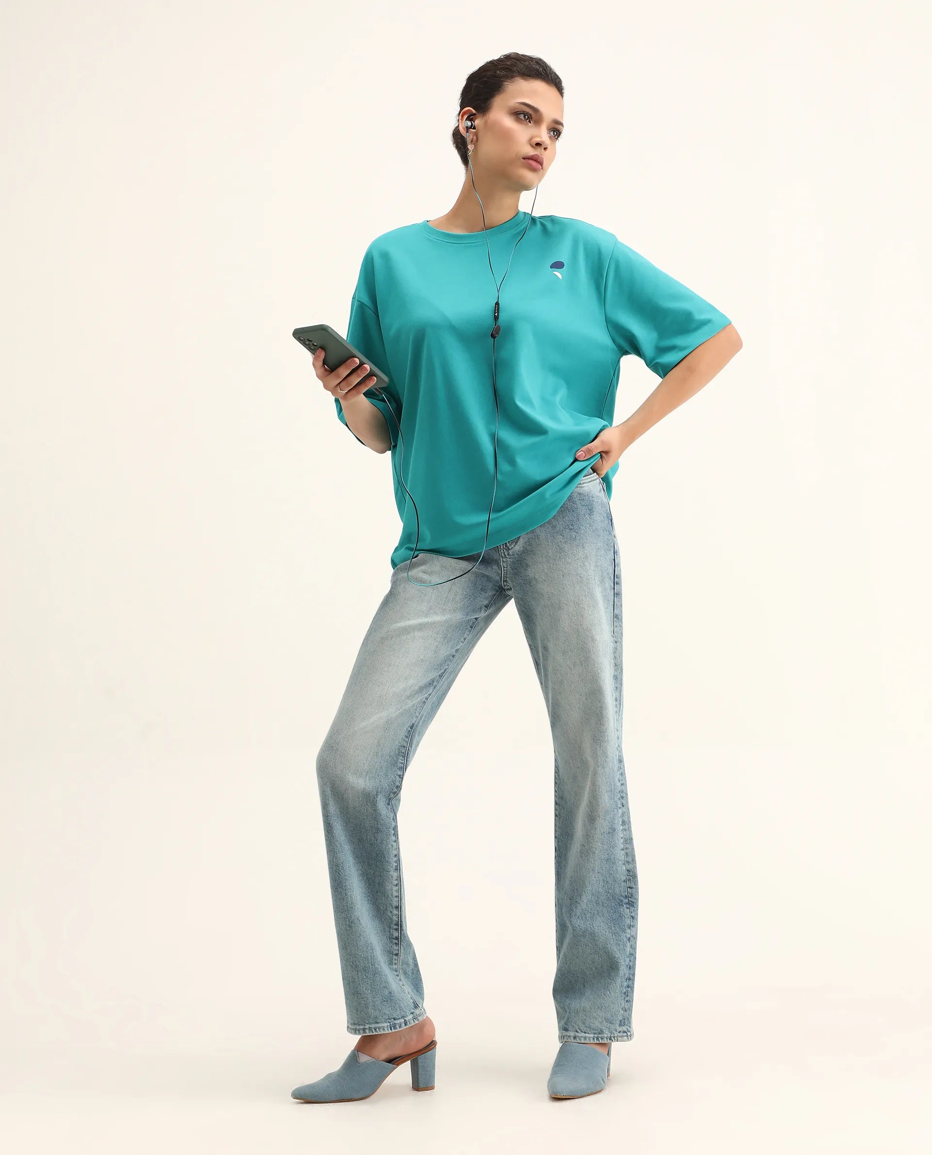 Rareism Women's Yeez Teal Cotton Blend Crew Neck Graphic Print Oversized T-Shirt