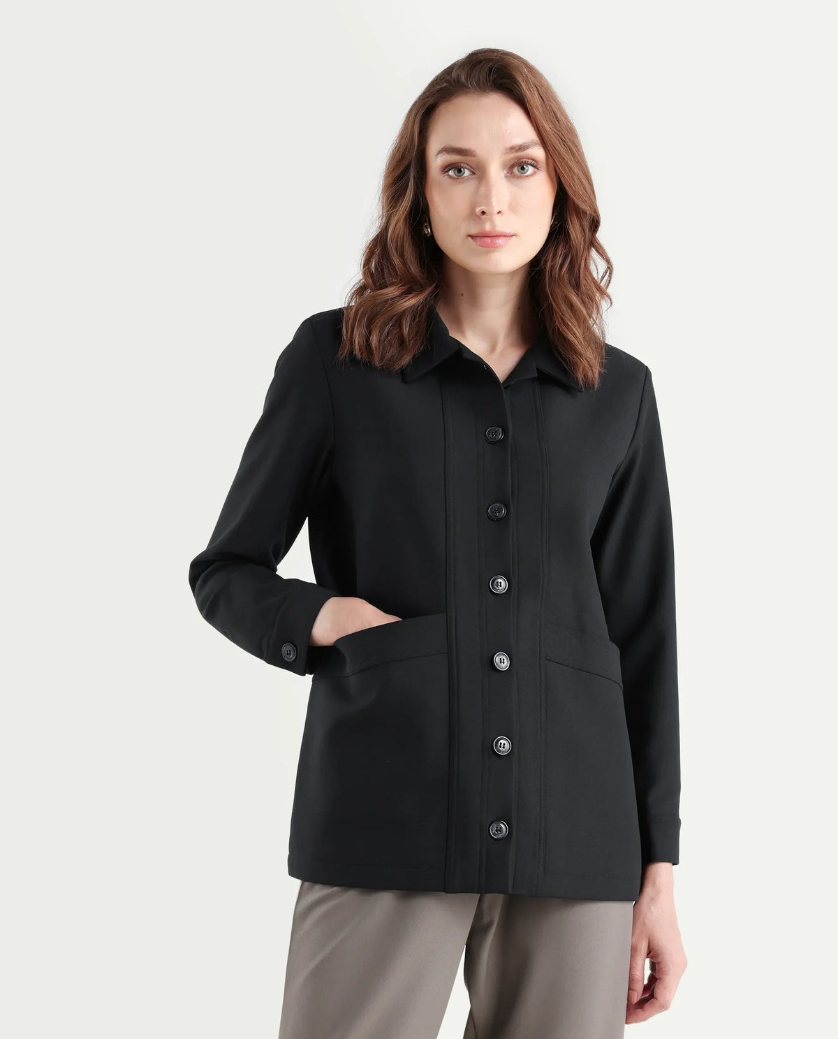 Rareism Women's Yeppon Black Drop Collar Plain Cuffed Sleeve Hip Length Boxy Fit Jacket