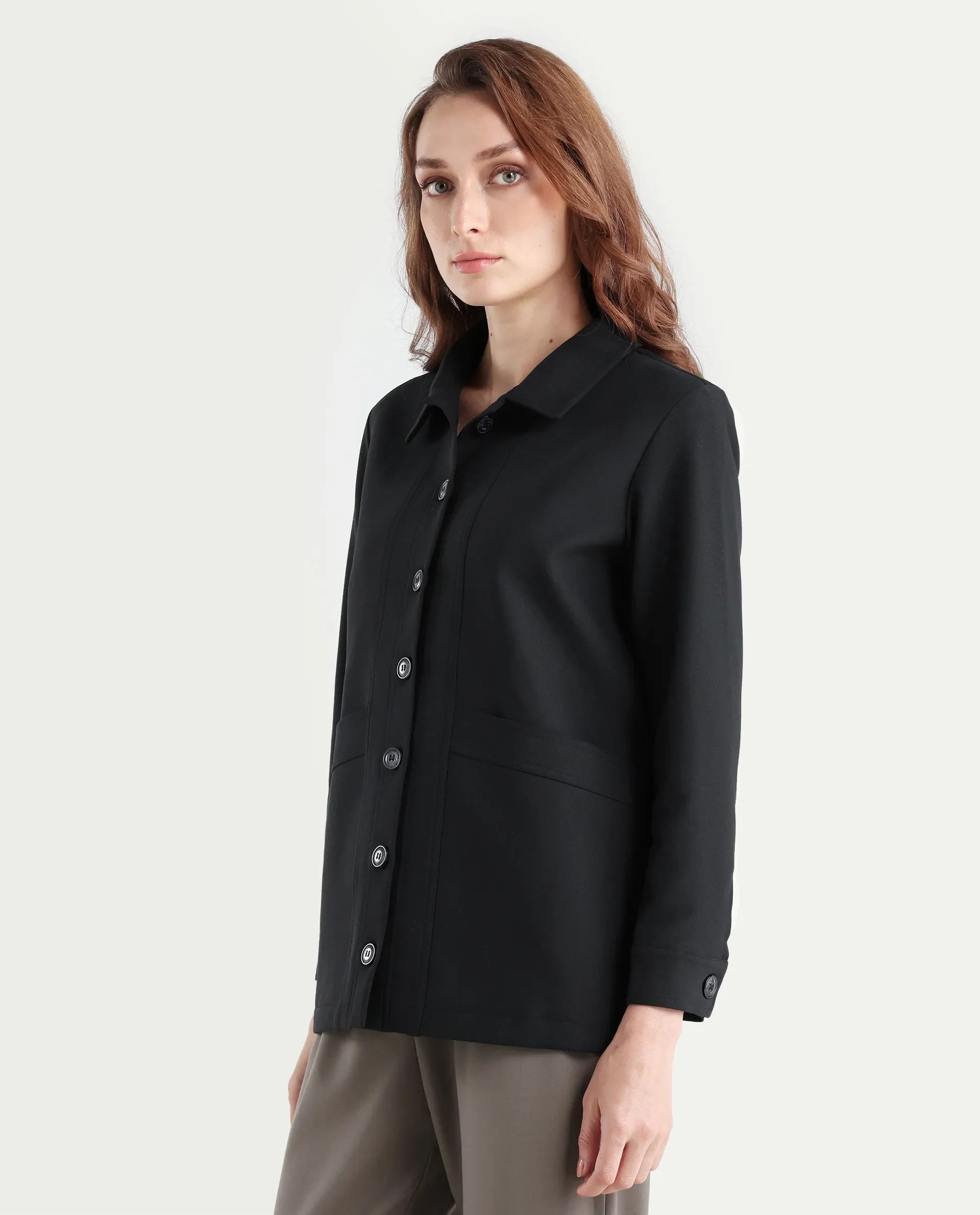 Rareism Women's Yeppon Black Drop Collar Plain Cuffed Sleeve Hip Length Boxy Fit Jacket