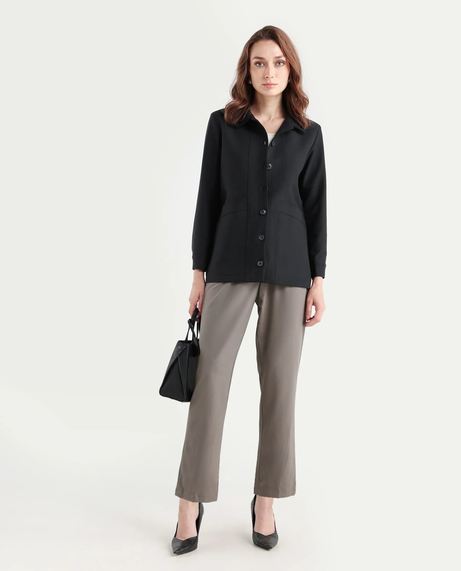 Rareism Women's Yeppon Black Drop Collar Plain Cuffed Sleeve Hip Length Boxy Fit Jacket