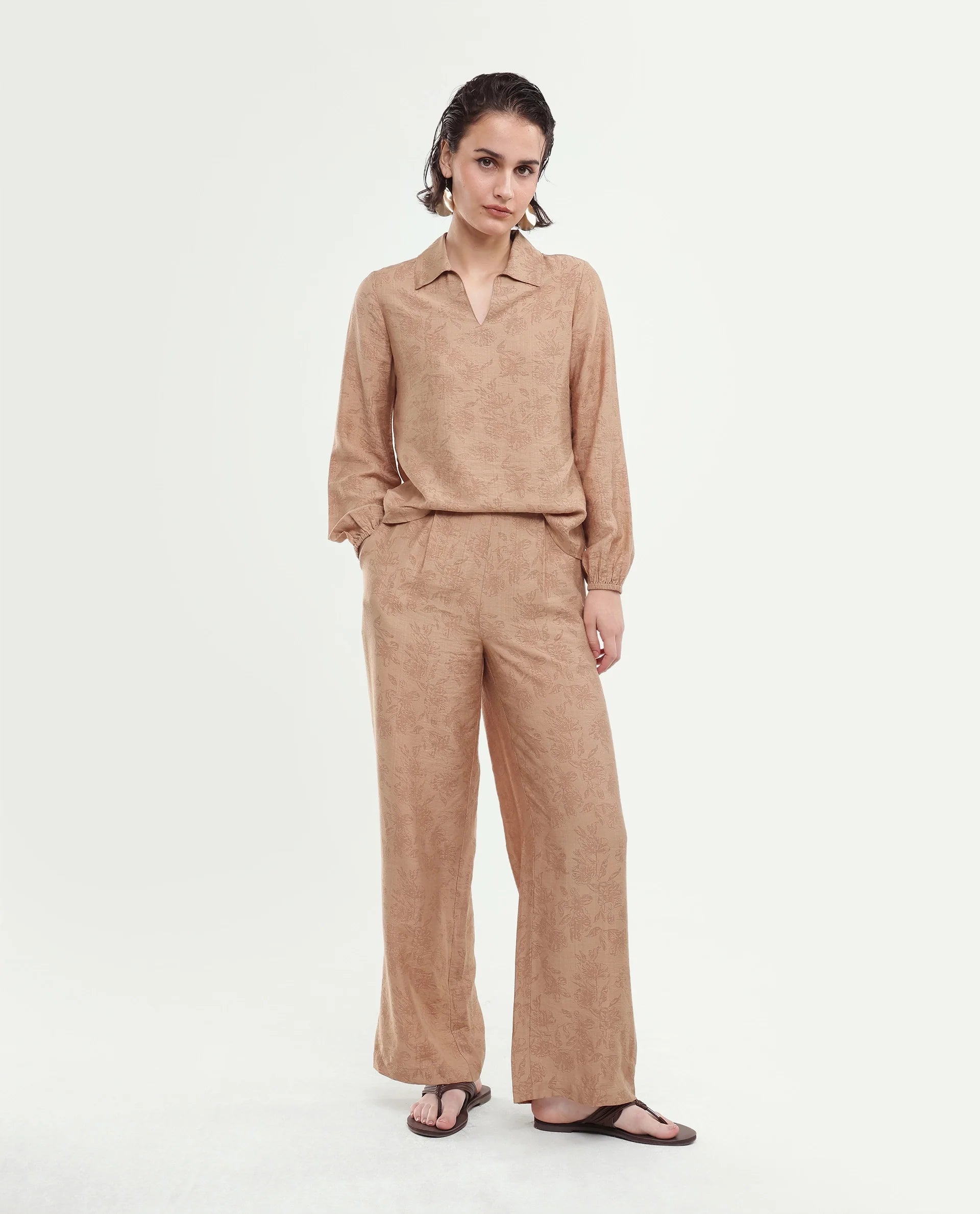 Rareism Women's Yev-B Light Brown Floral Viscose Blend Wide Leg Regular Trouser
