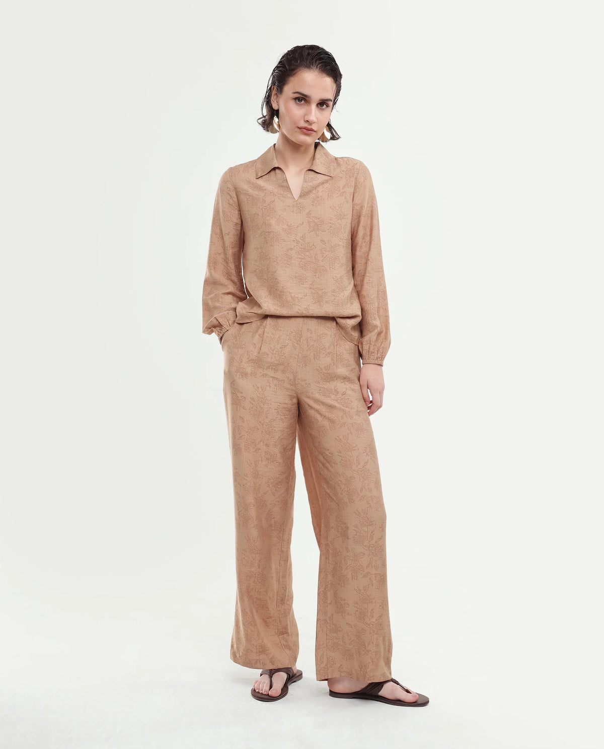 Rareism Women's Yev-B Light Brown Floral Viscose Blend Wide Leg Regular Trouser