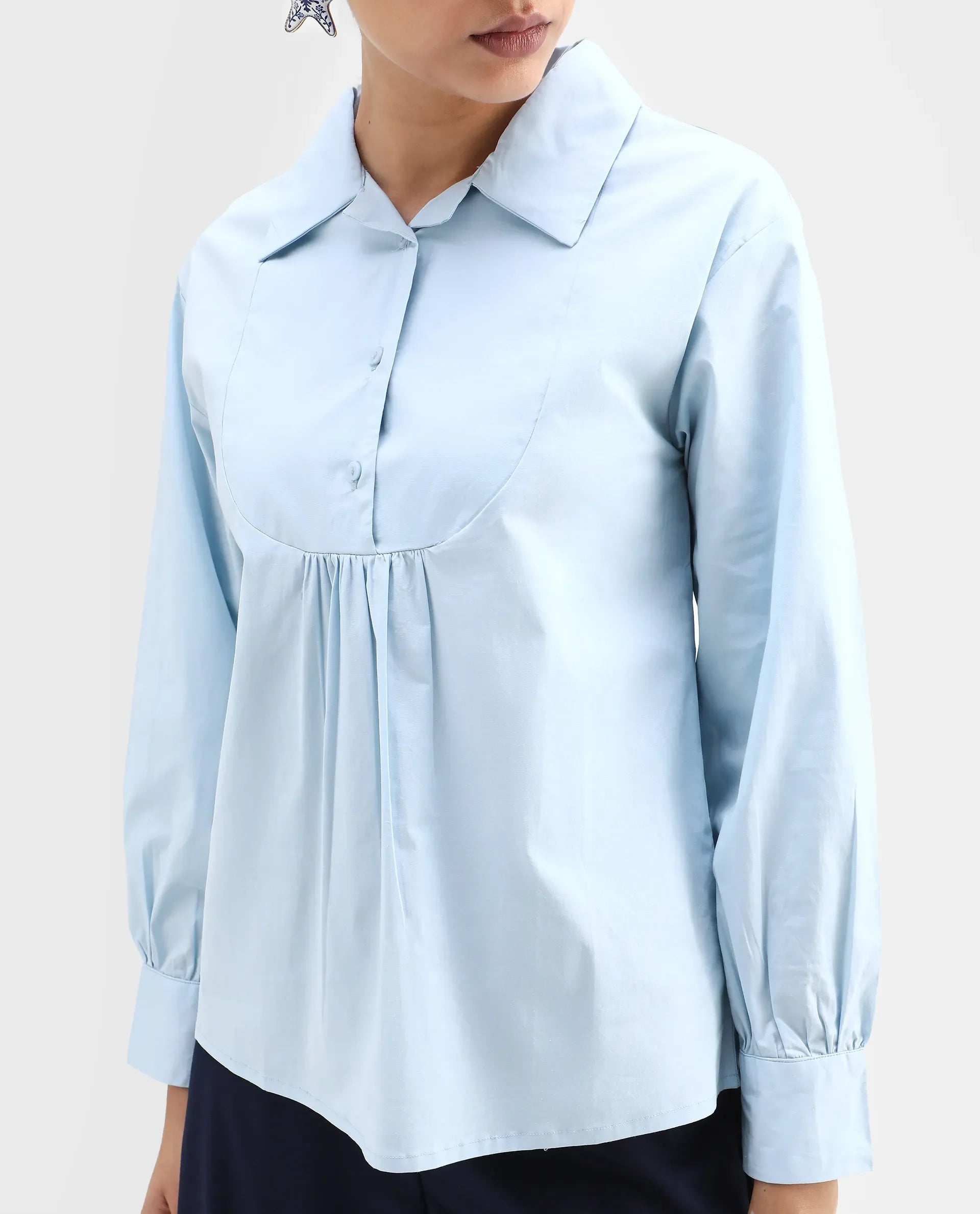 Rareism Women's Yit Light Blue Cotton Blend Drop Collar Plain Bishop Sleeve Relaxed Fit Top