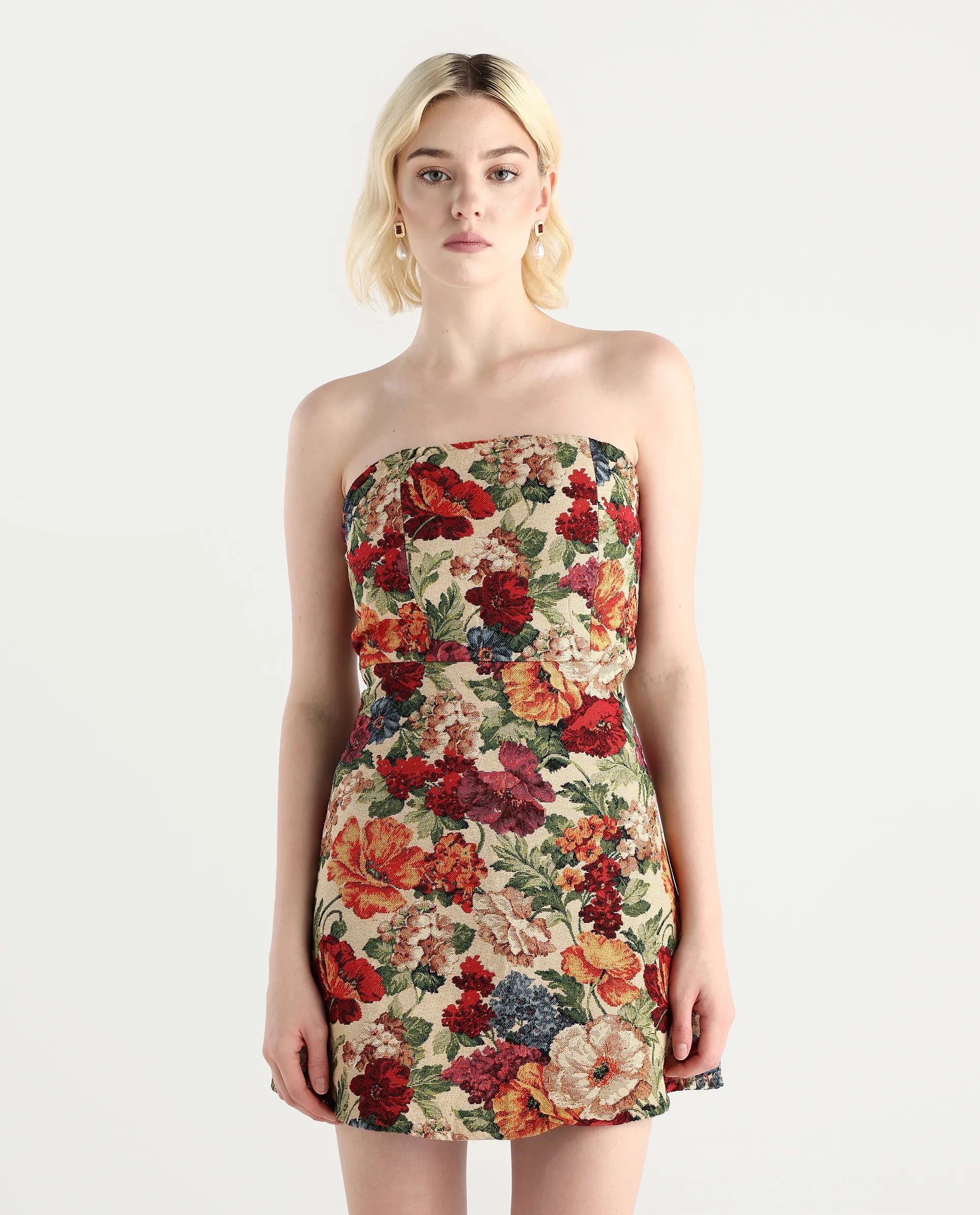 Rareism Women's Yolor - Multi Polyester Blend Tube Neck Jacquard Sleeveless Mini Fit And Flare Dress